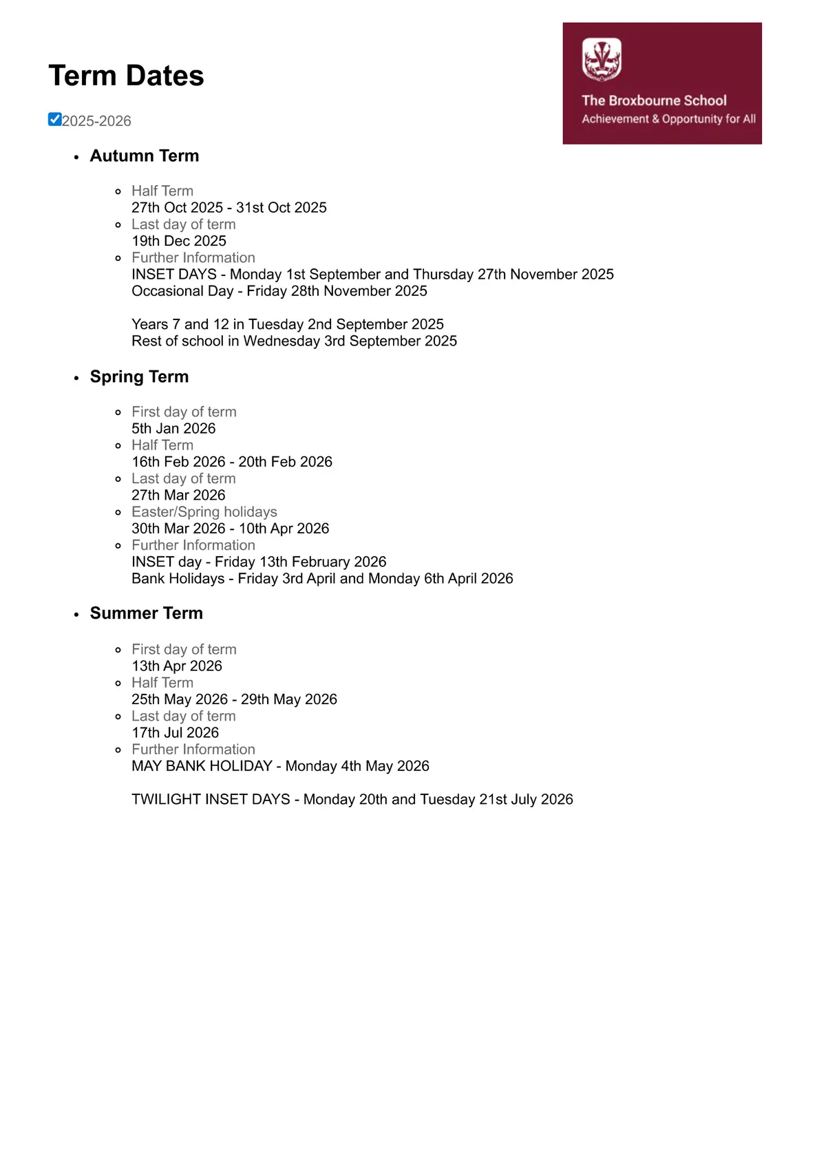 The Broxbourne School term dates