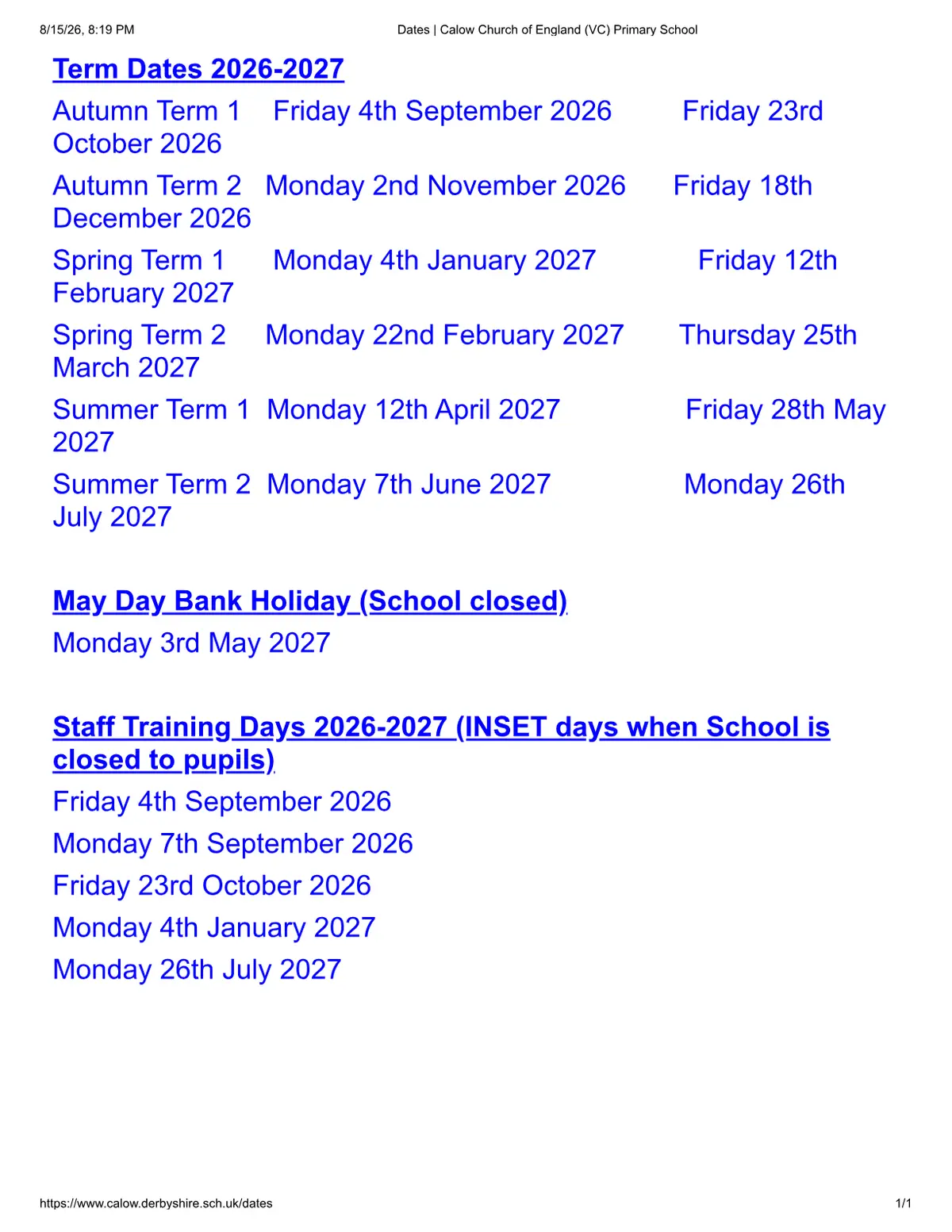 Calow CofE VC Primary School original calendar 2026–2027