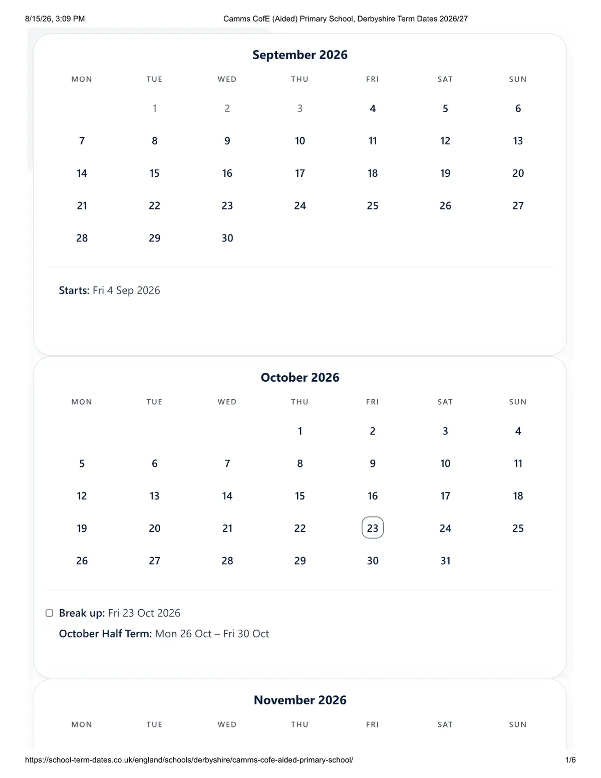 Camms CofE (Aided) Primary School original calendar 2026–2027