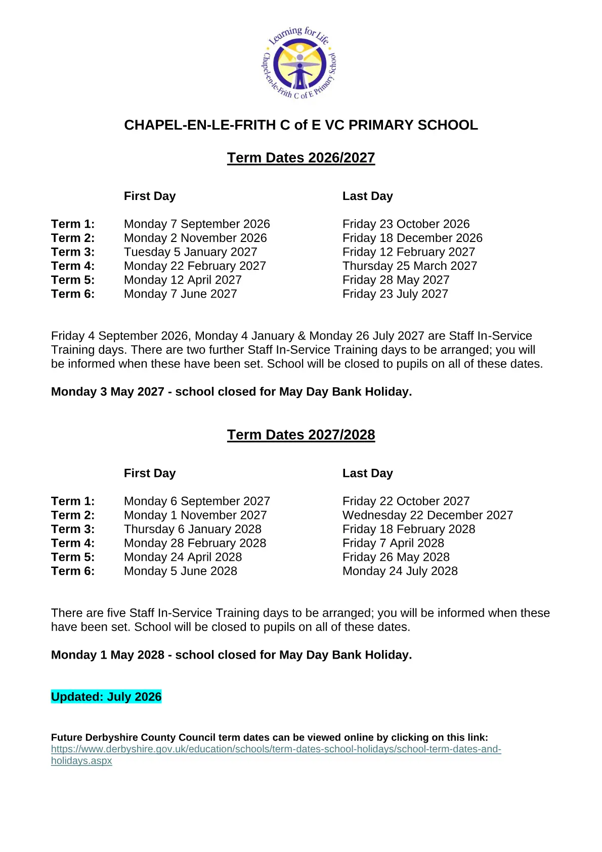 Chapel-en-le-Frith CofE VC Primary School term dates