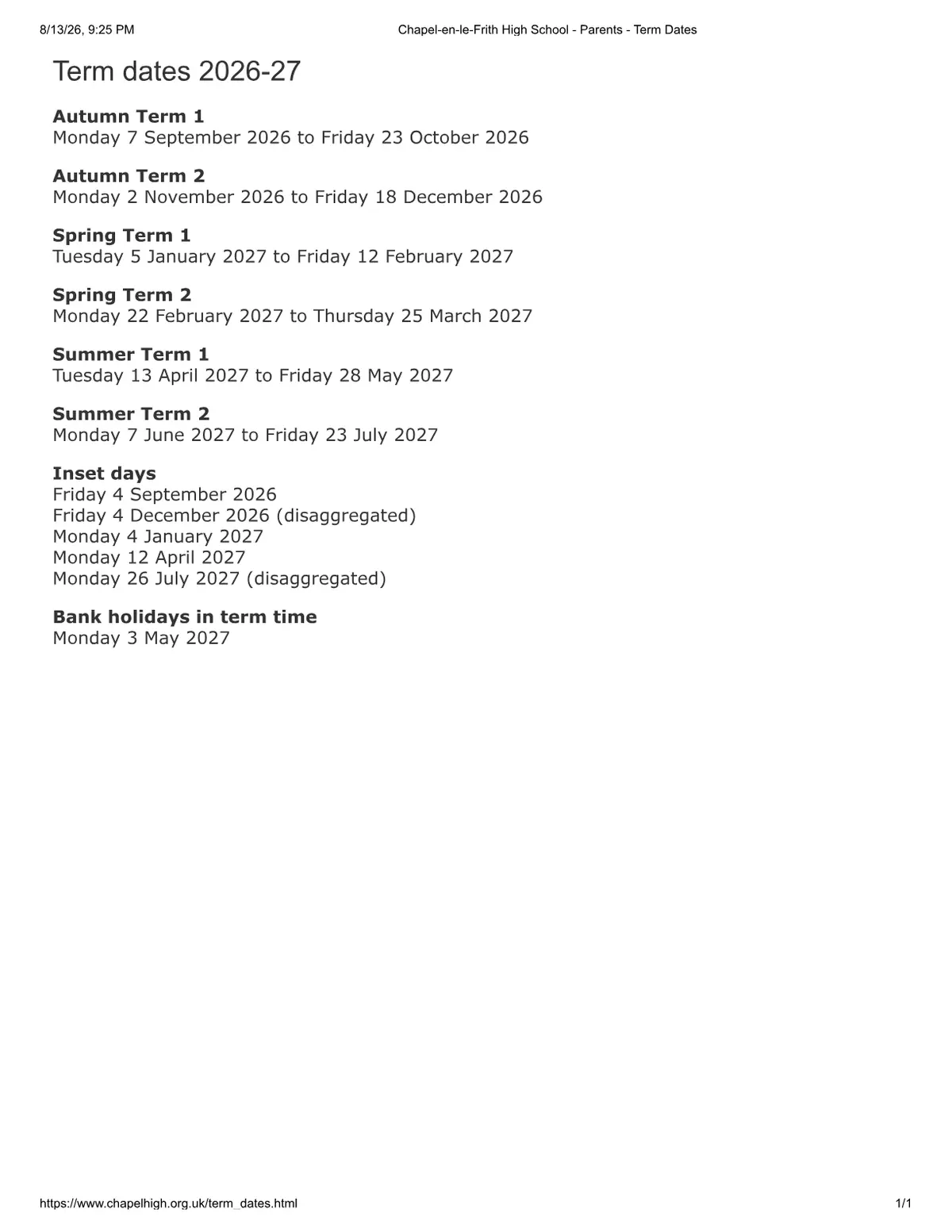 Chapel-en-le-Frith High School term dates
