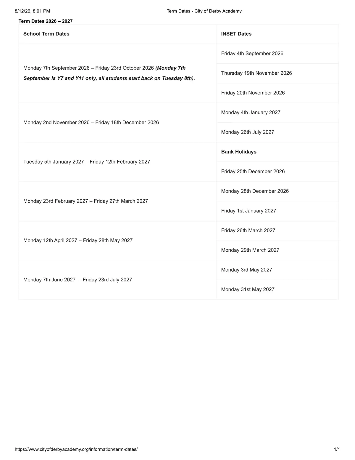 City of Derby Academy term dates