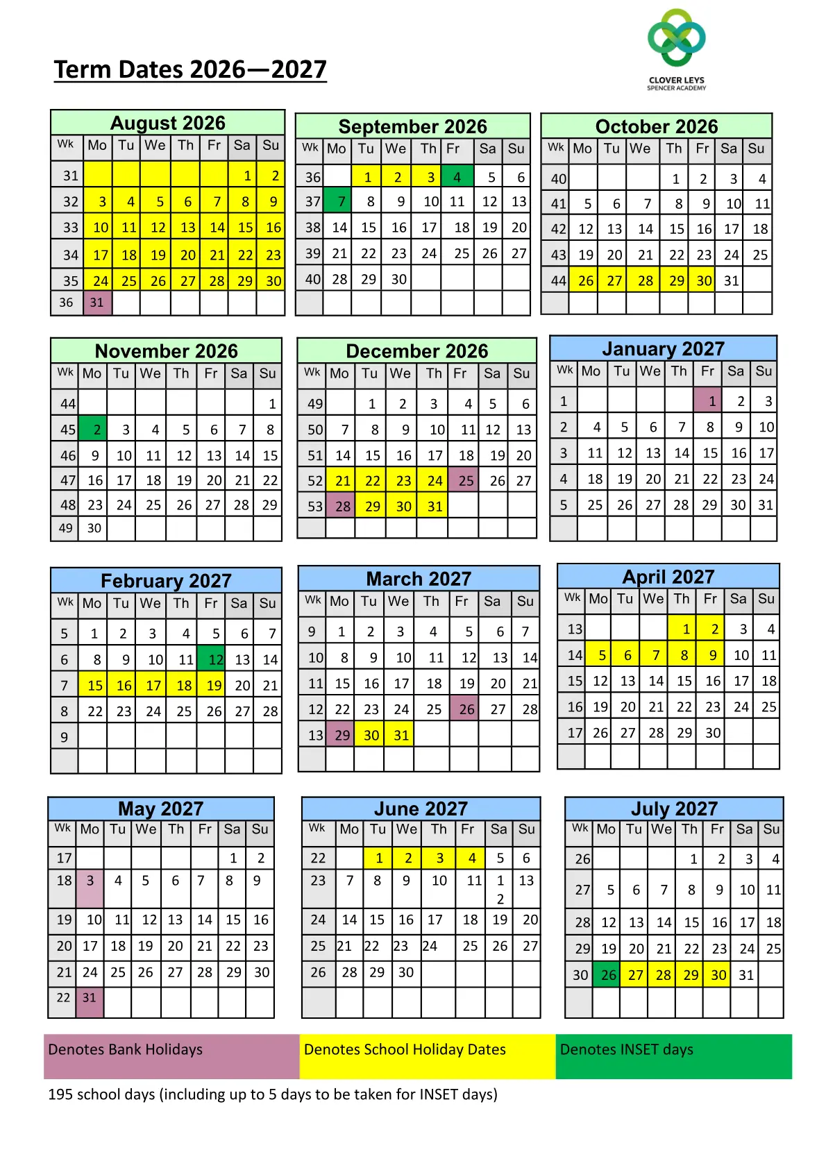 Clover Leys Spencer Academy original calendar 2026–2027