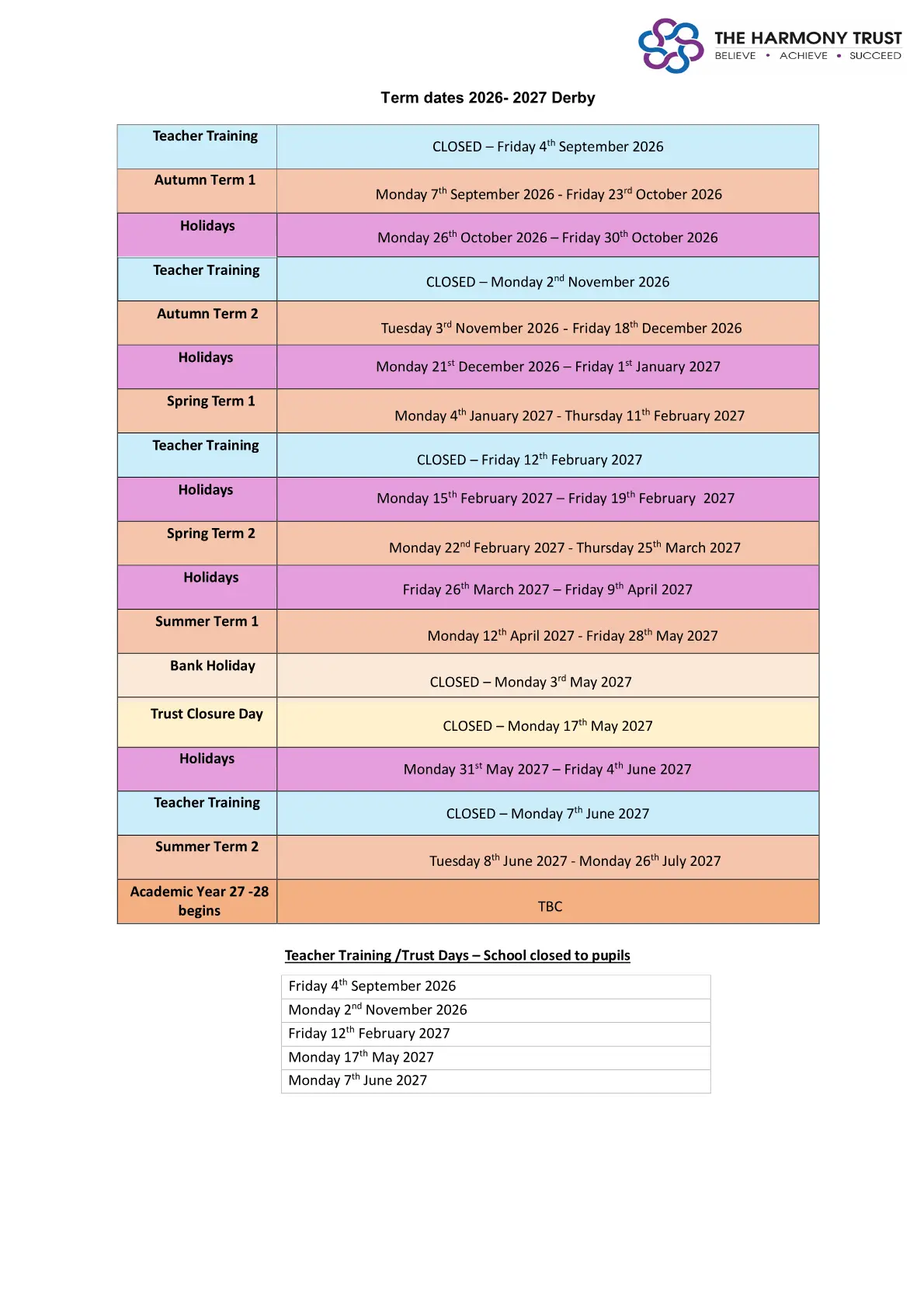 Cottons Farm Primary Academy term dates