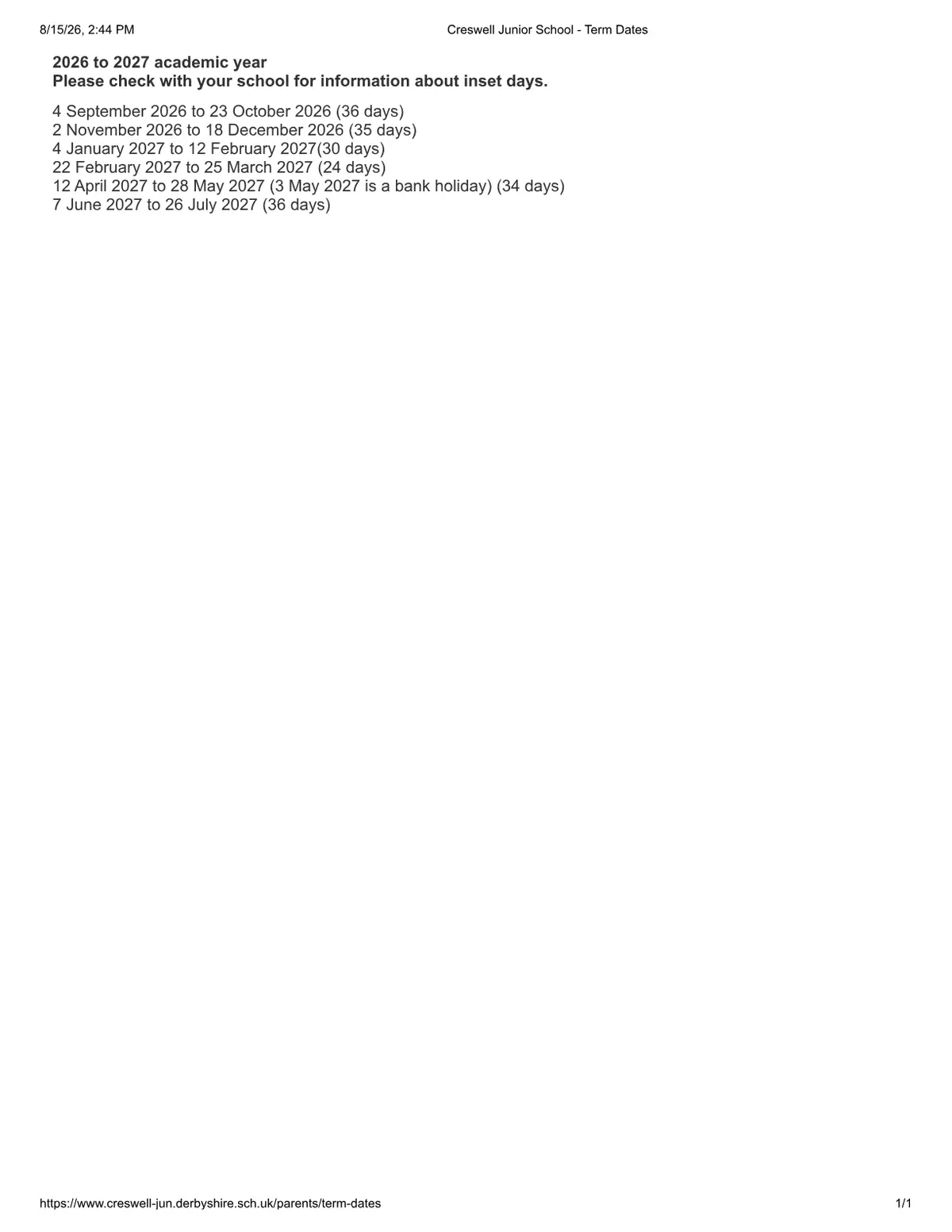 Creswell Junior School original calendar 2026–2027