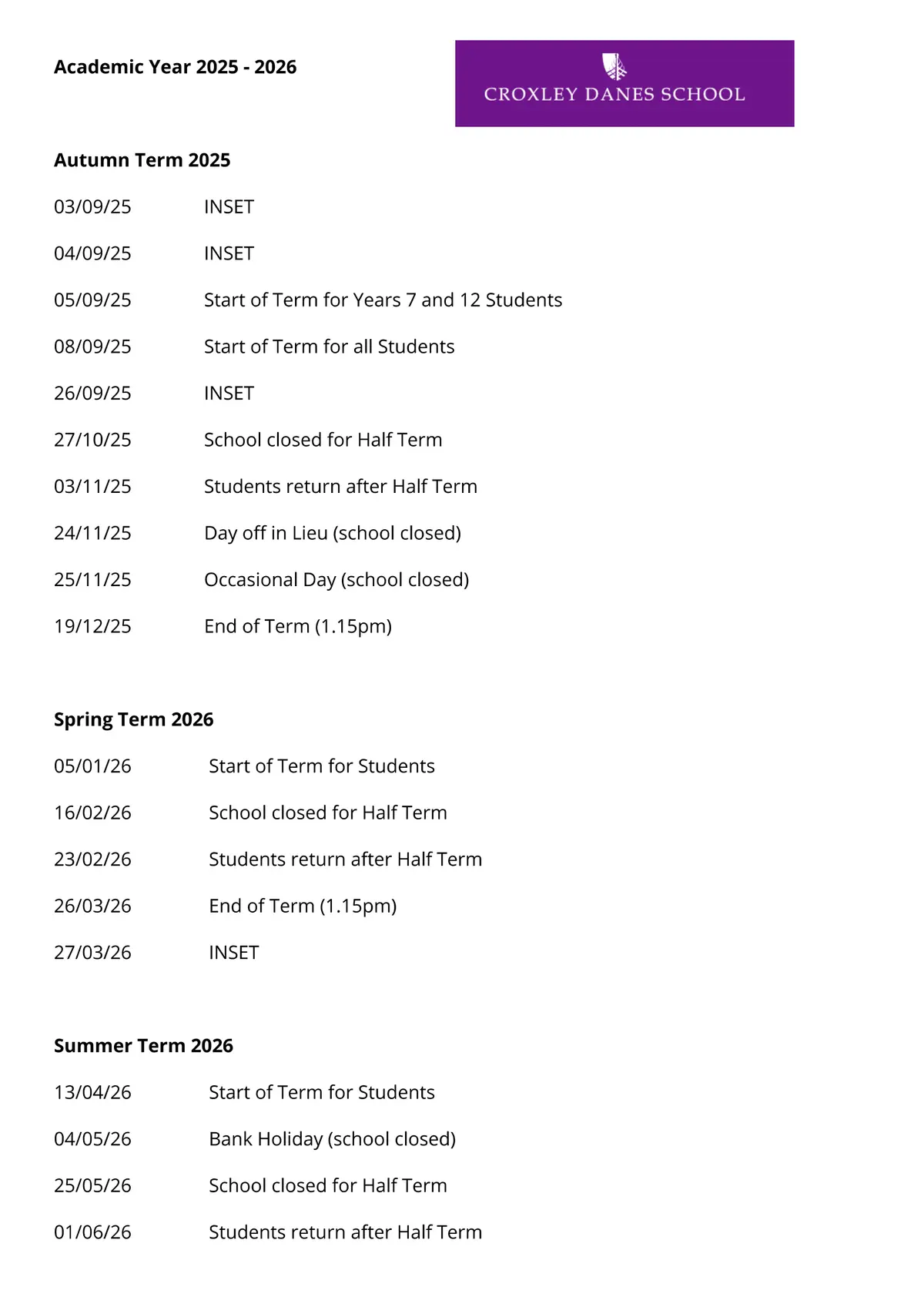 Croxley Danes School term dates
