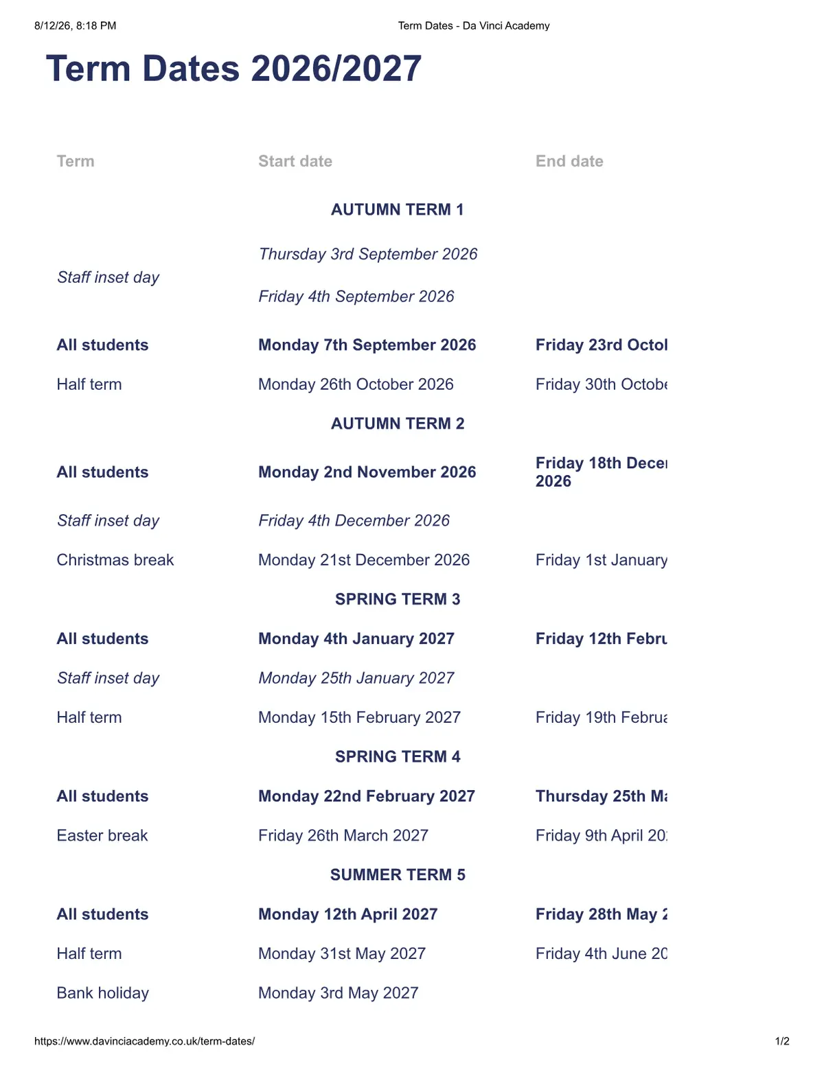 Da Vinci Academy term dates