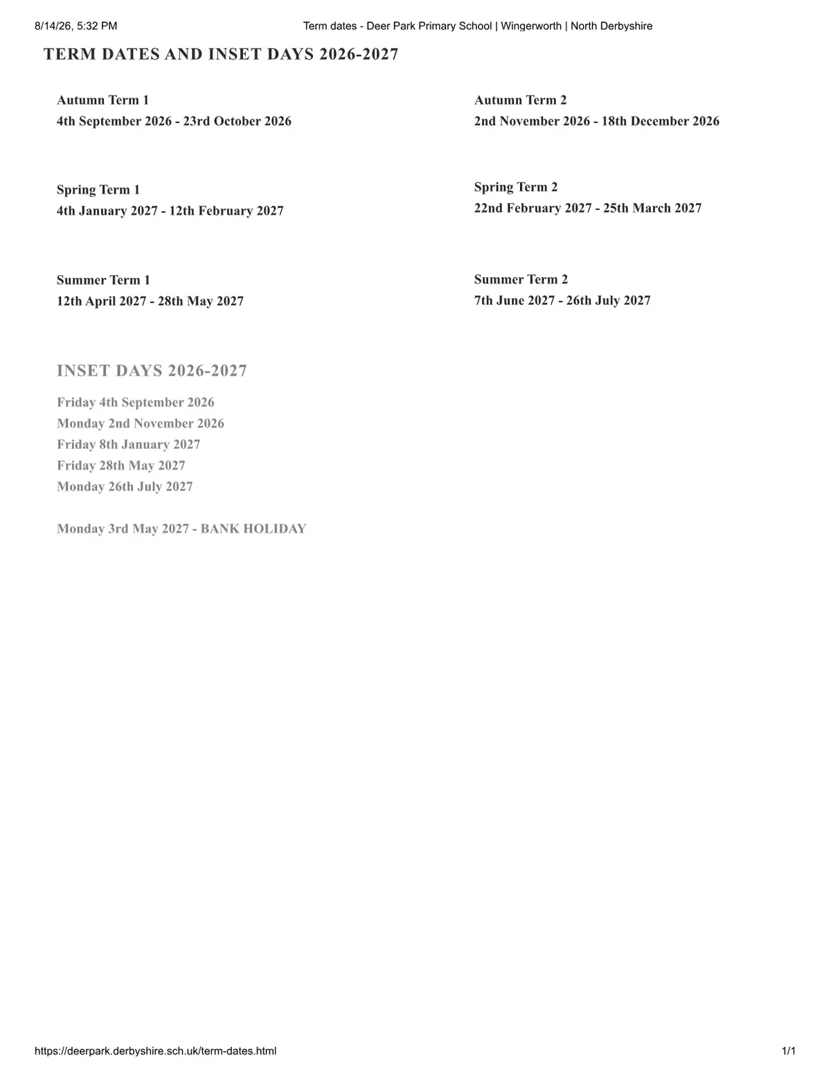 Deer Park Primary School term dates
