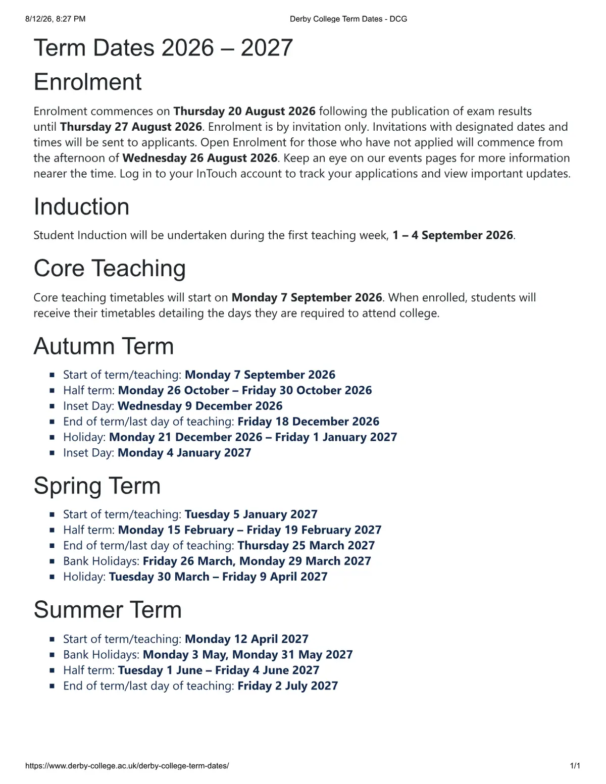 Derby College term dates