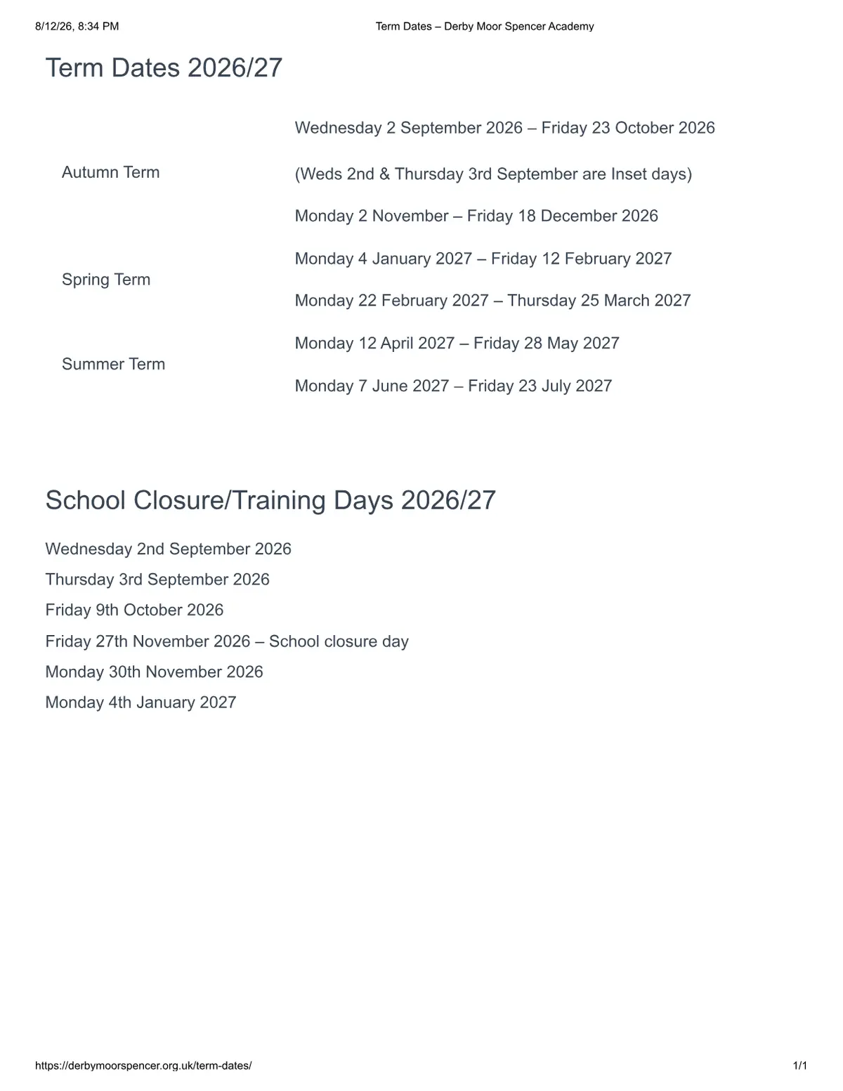 Derby Moor Spencer Academy term dates
