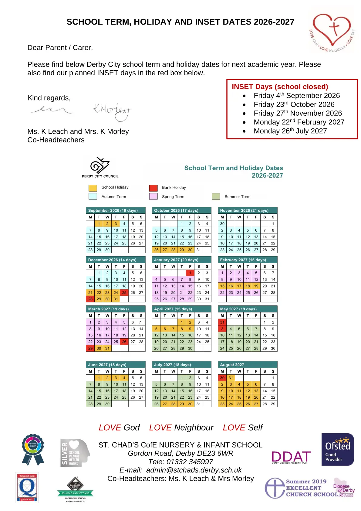 Derby St Chad's CofE Nursery and Infant School term dates
