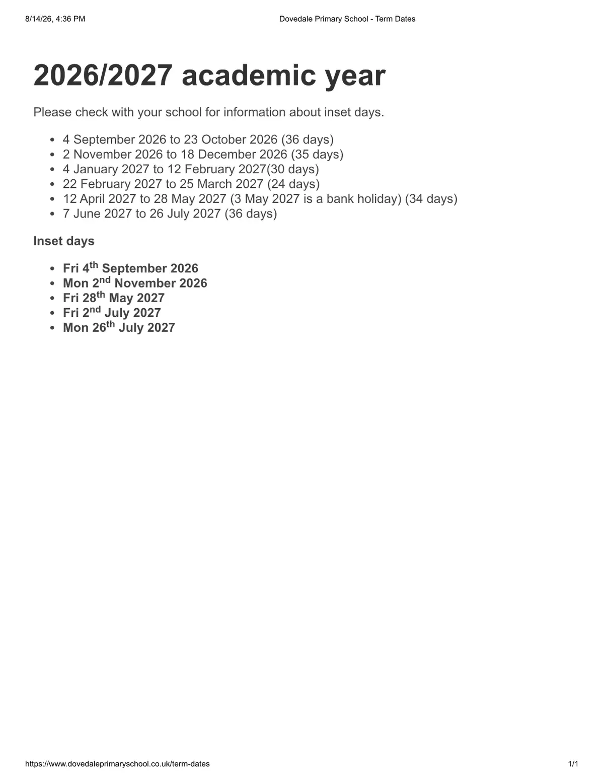 Dovedale Primary School term dates