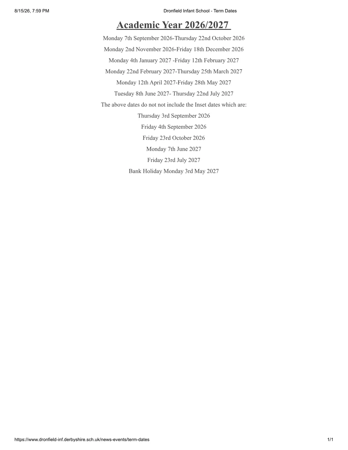 Dronfield Infant School original calendar 2026–2027