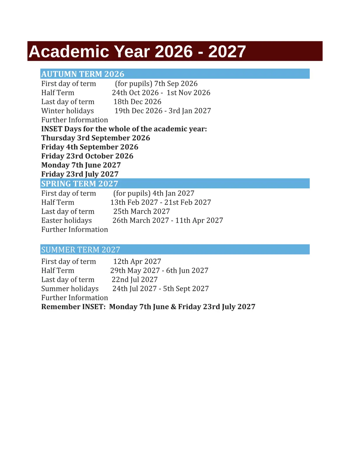 Dronfield Junior School term dates