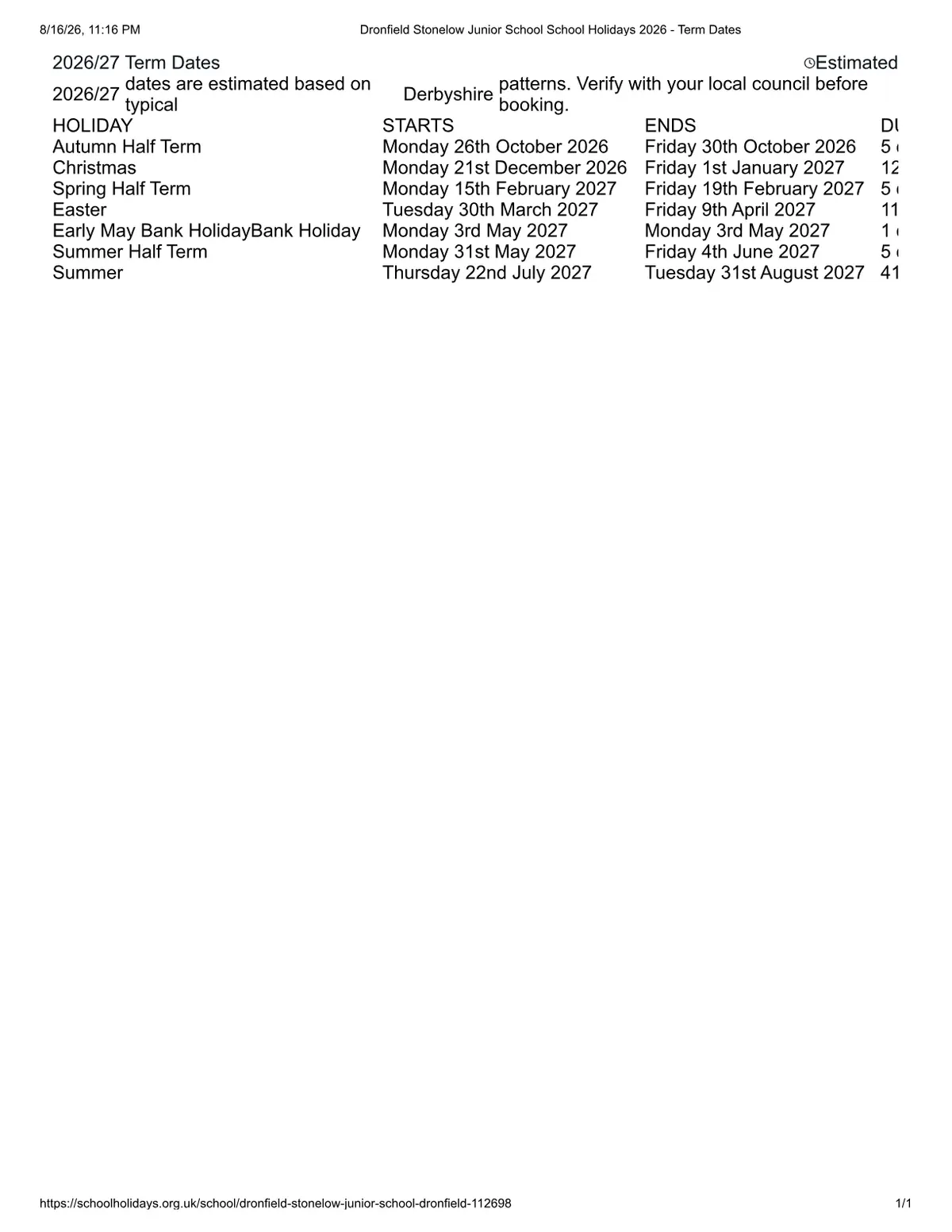 Dronfield Stonelow Junior School original calendar 2026–2027