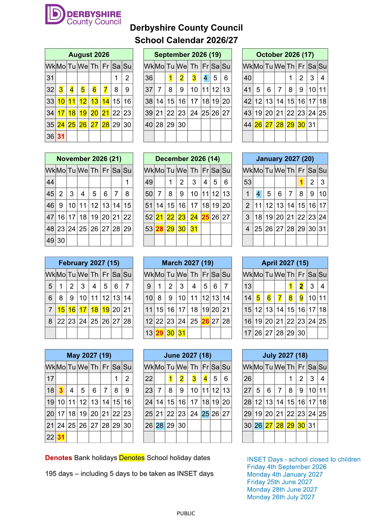 Duckmanton Primary School original calendar 2026–2027