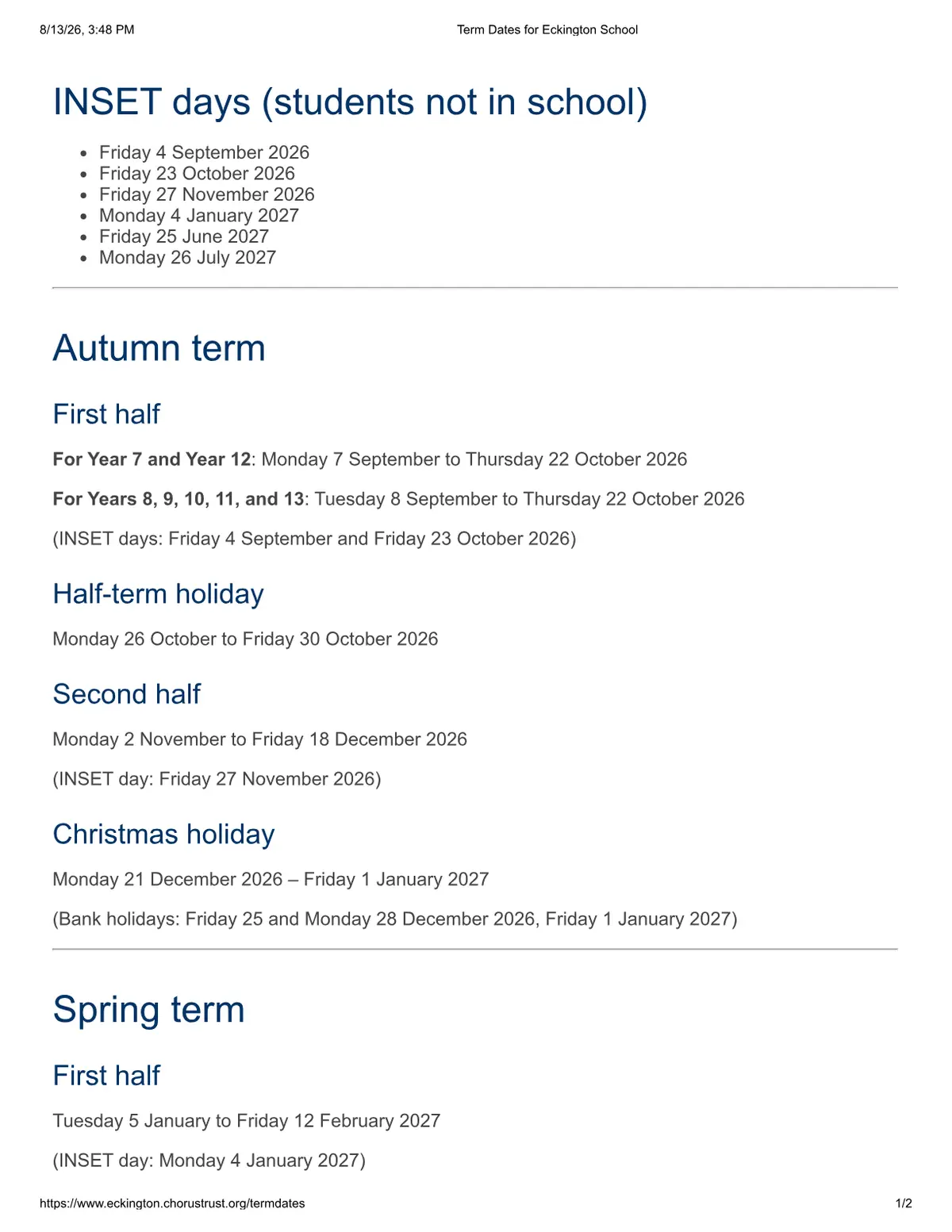 Eckington School term dates