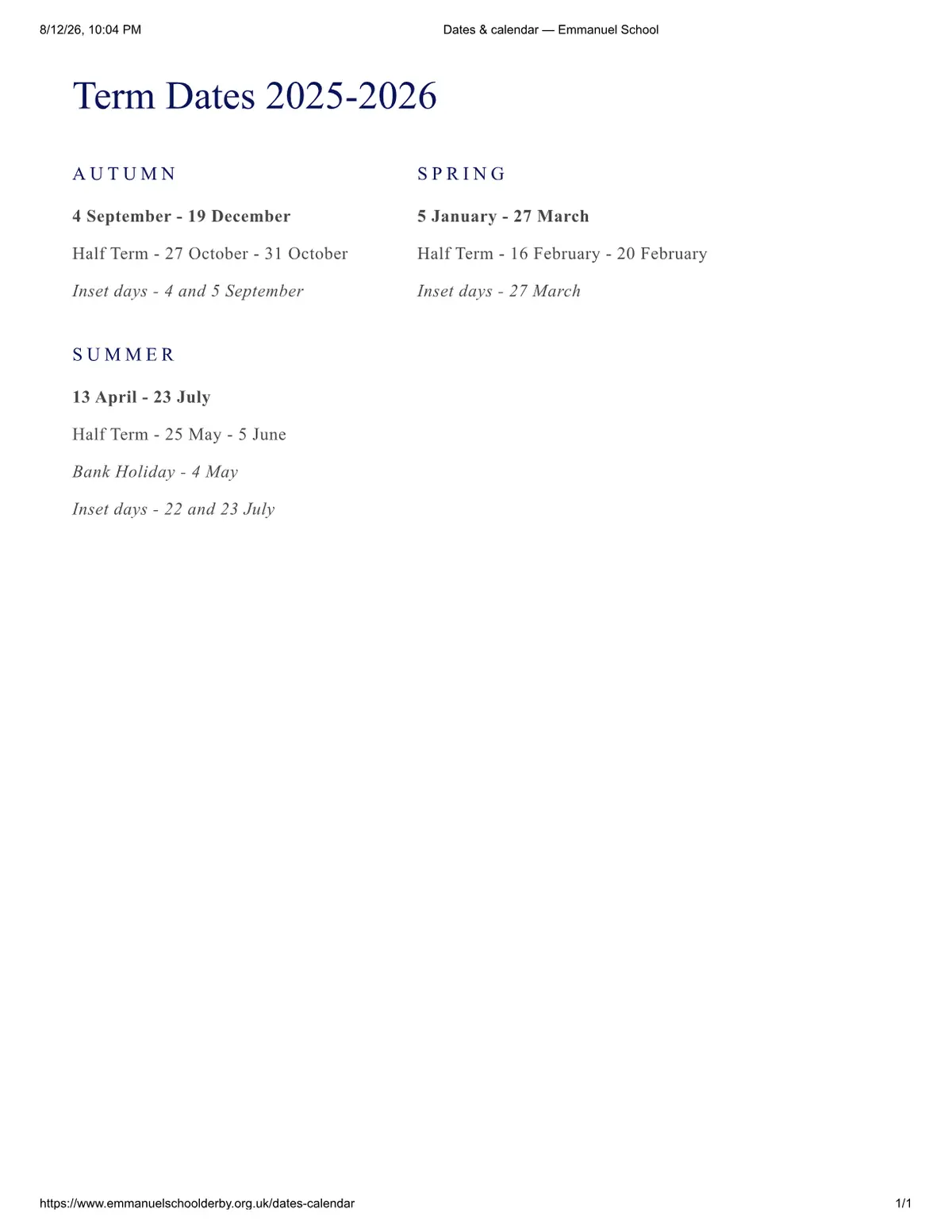 Emmanuel School (Derby) Limited term dates