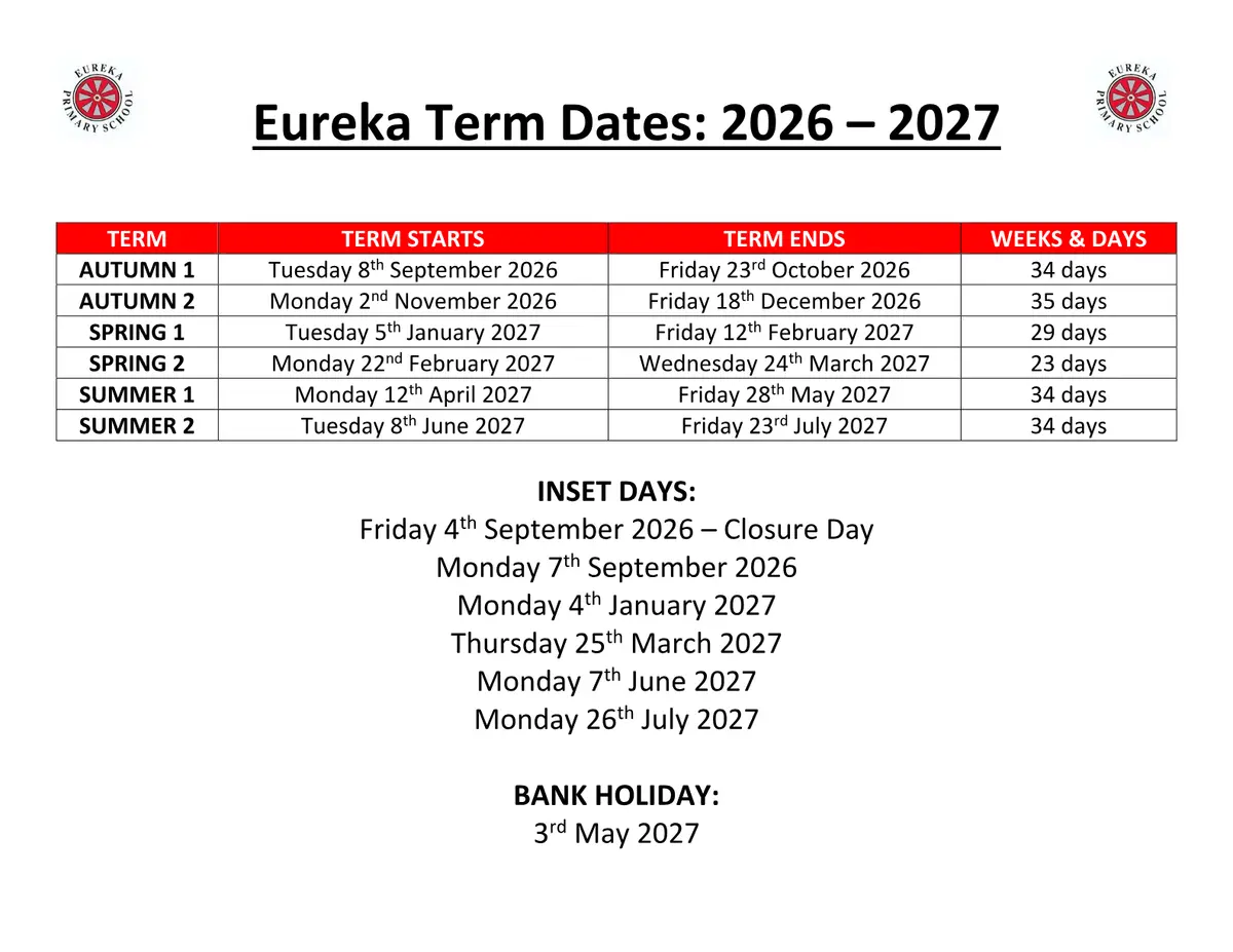Eureka Primary School original calendar 2026–2027