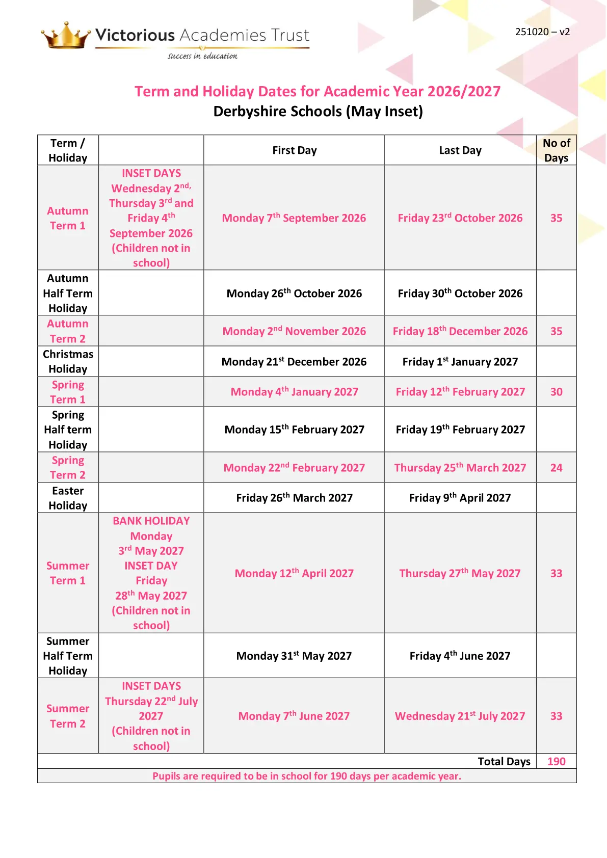Gamesley Primary School original calendar 2026–2027
