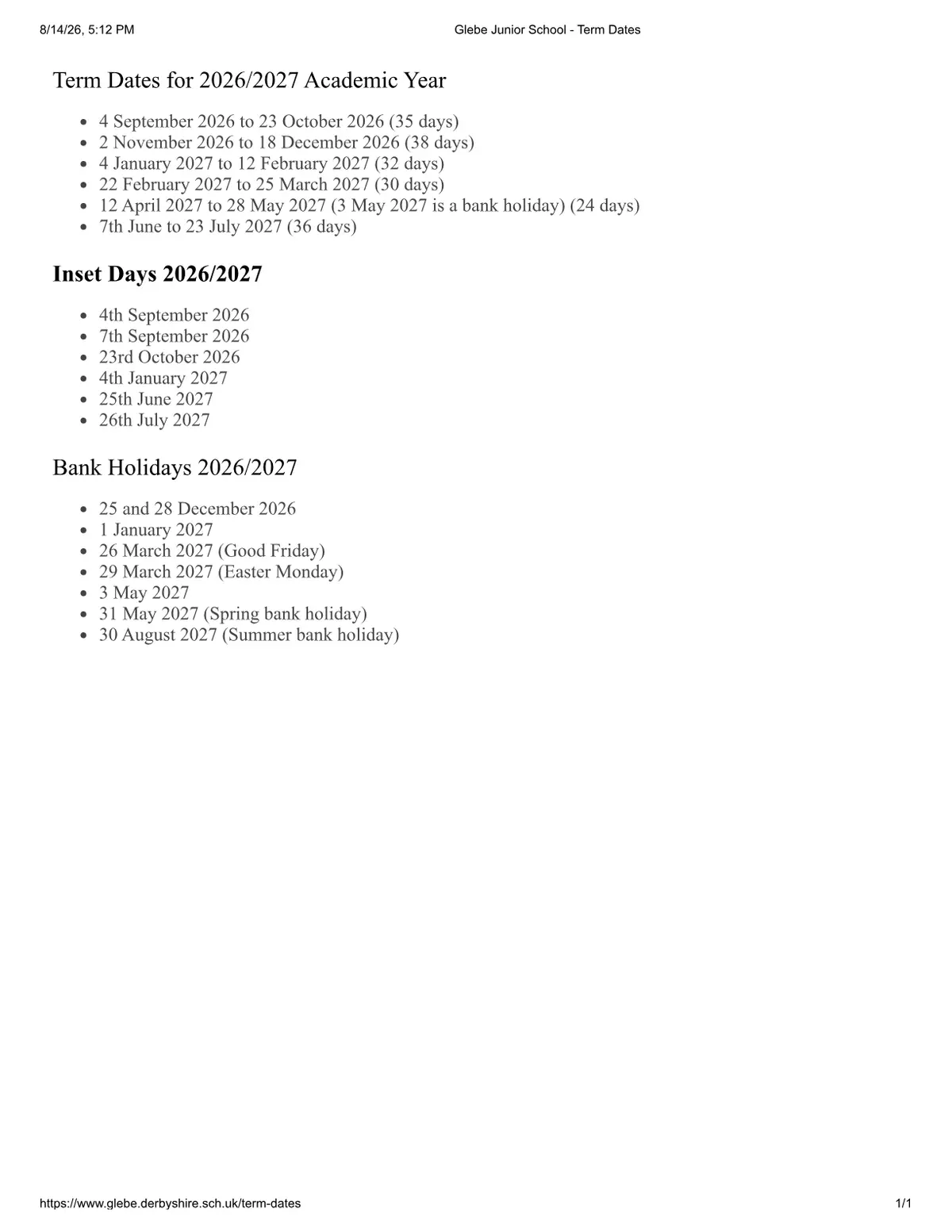 Glebe Junior School term dates