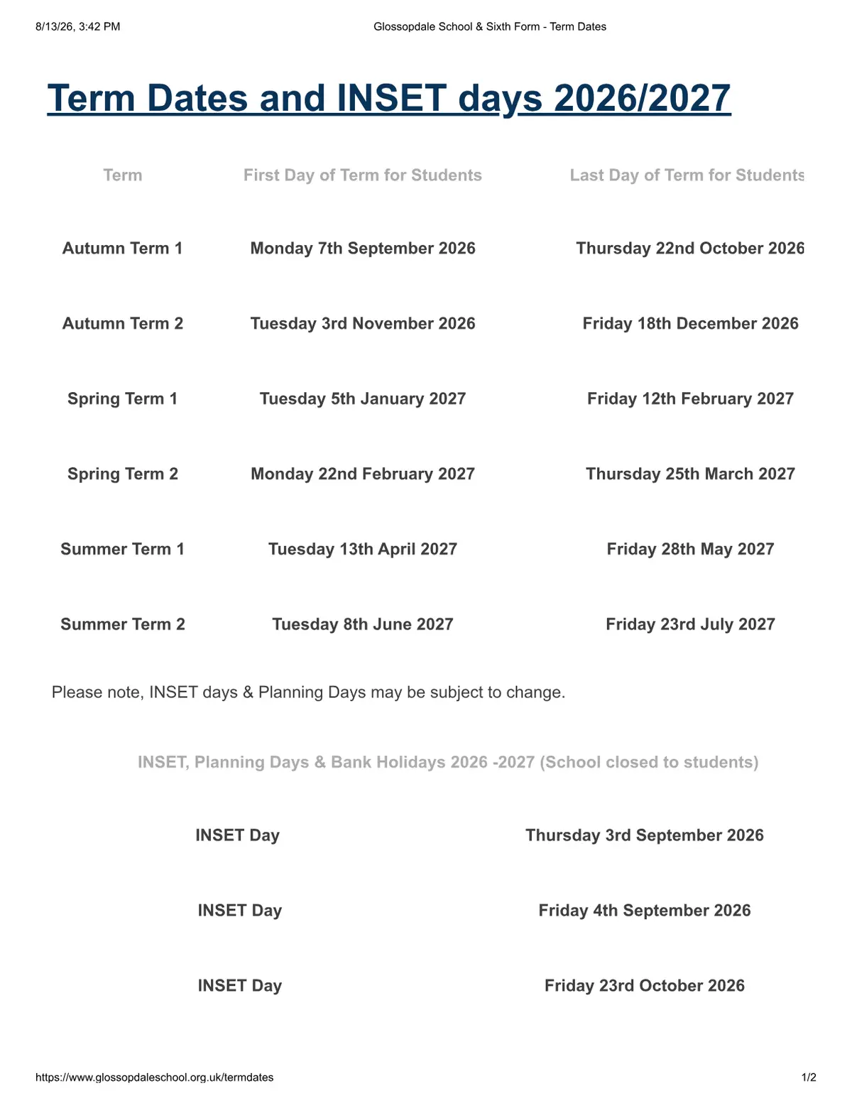 Glossopdale School and Sixth Form term dates