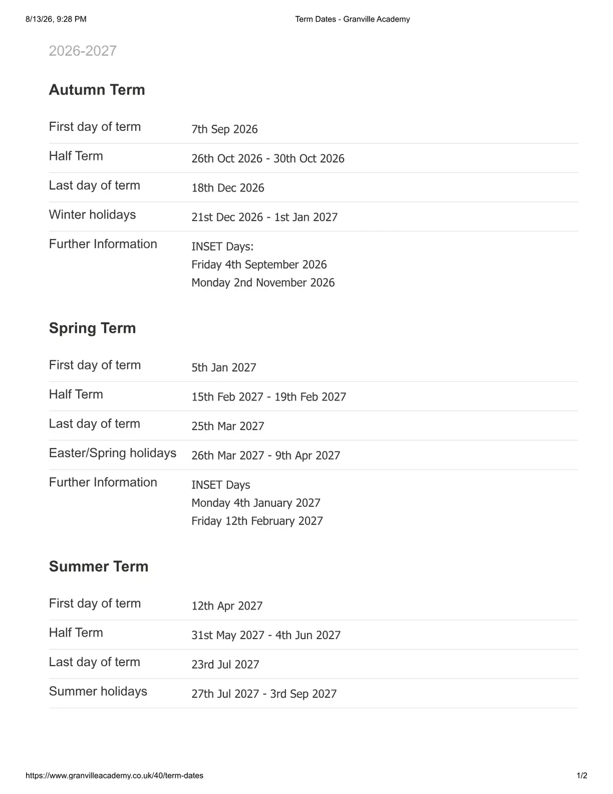 Granville Academy term dates