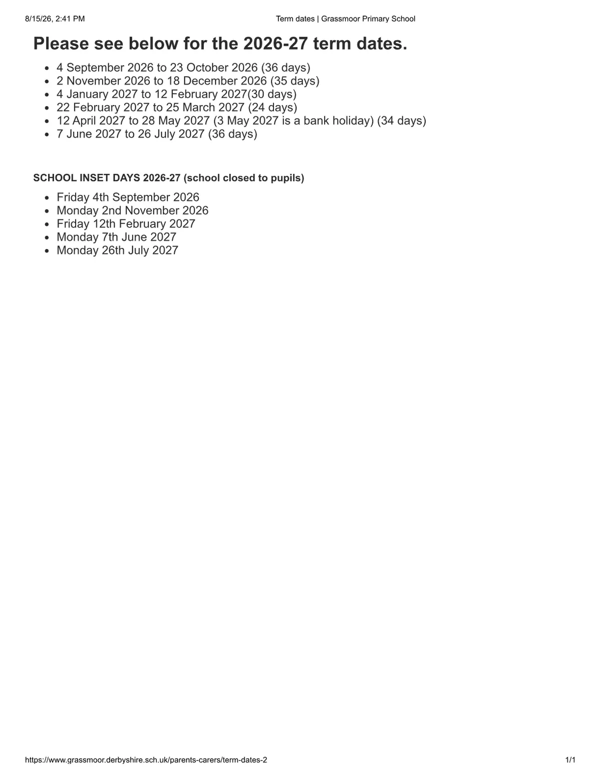 Grassmoor Primary School original calendar 2026–2027