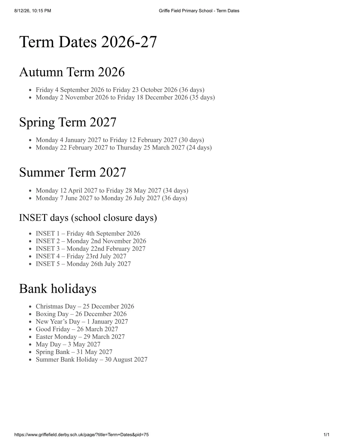 Griffe Field Primary School term dates