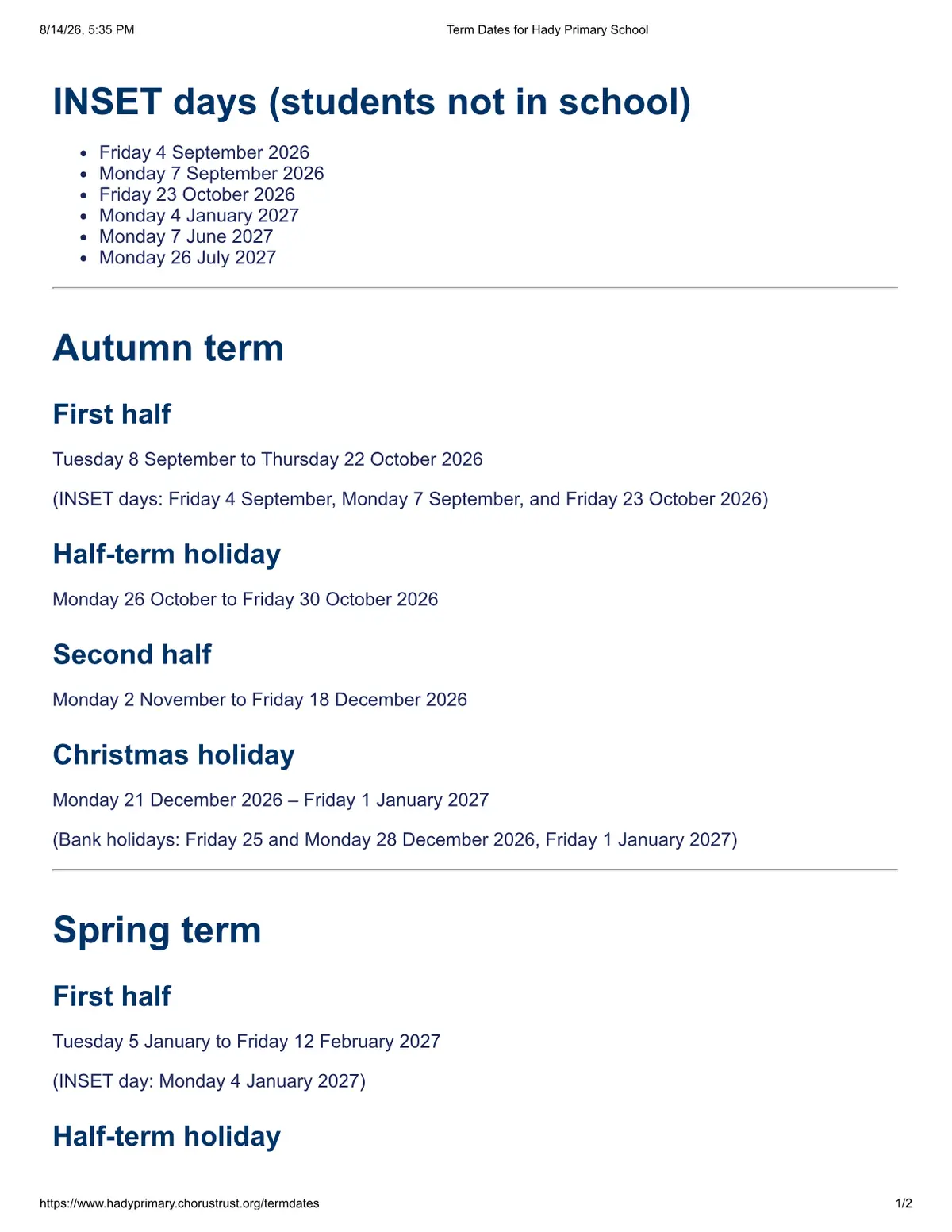 Hady Primary School term dates