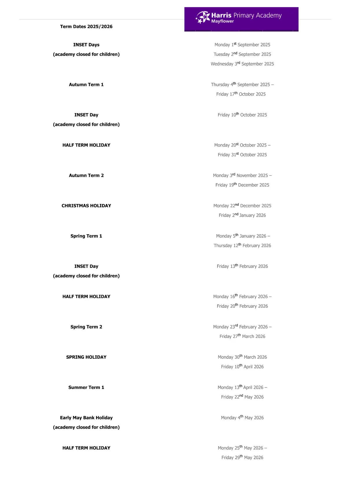 Harris Primary Academy Mayflower term dates