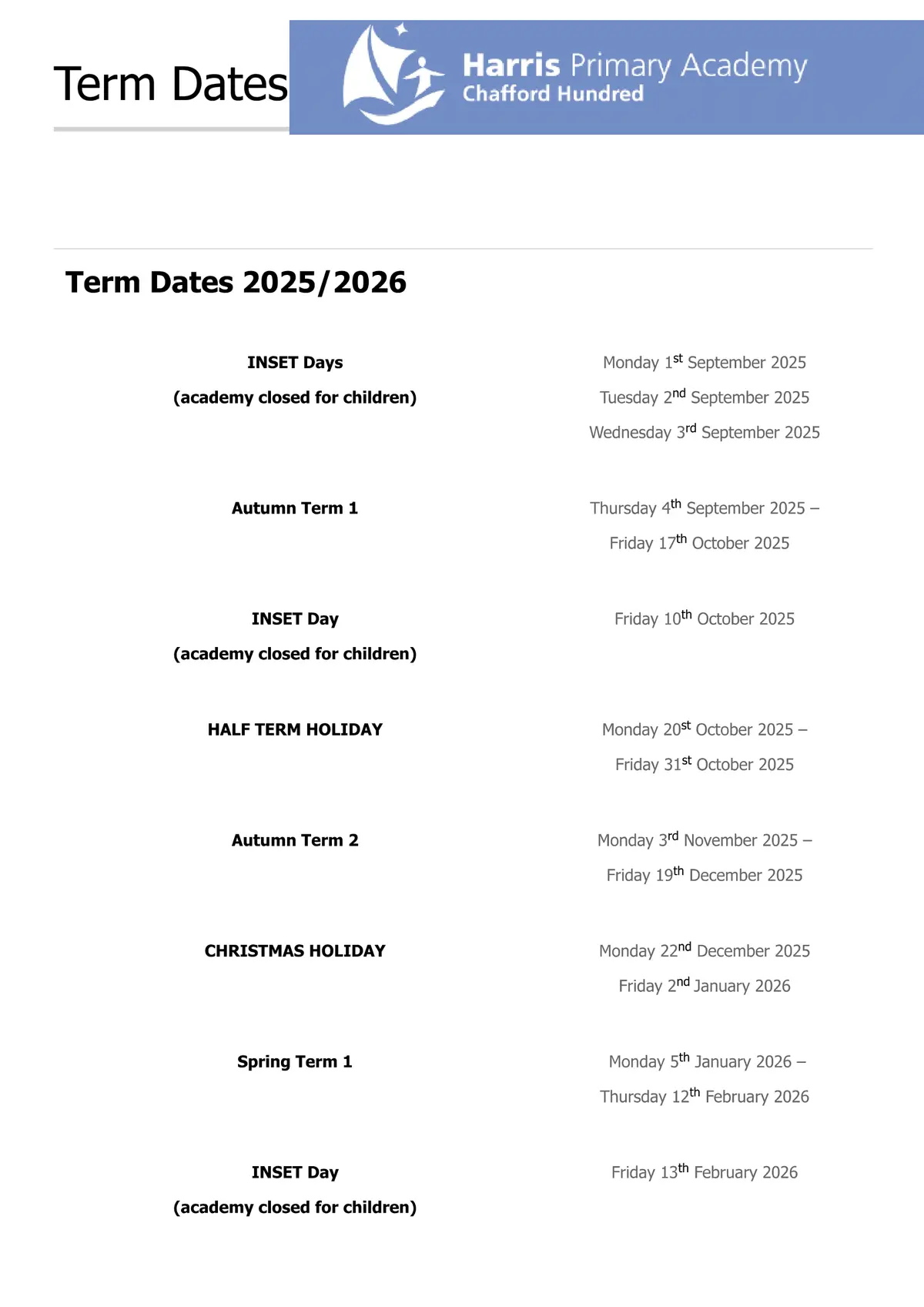 Harris Primary Academy Chafford Hundred term dates
