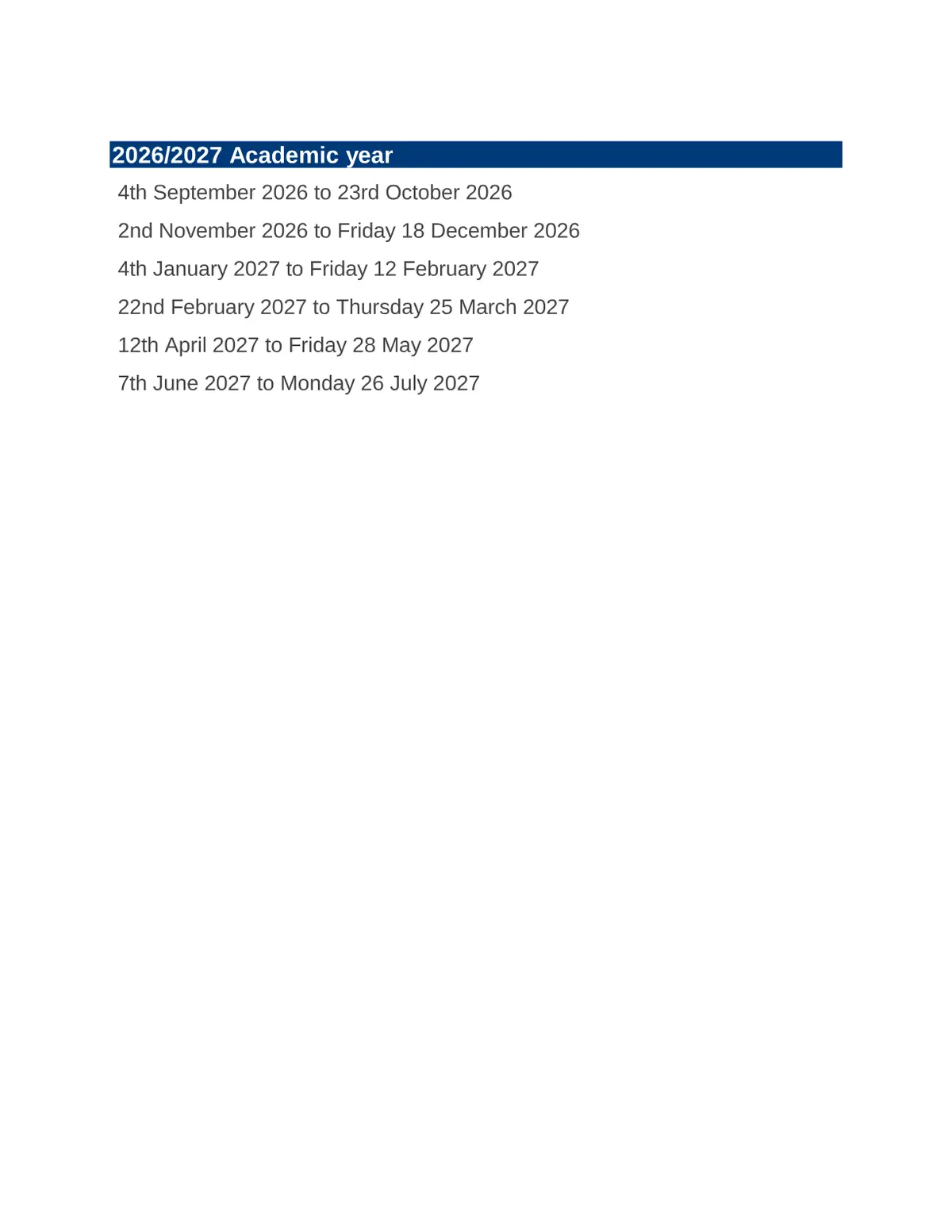 Hasland Junior School term dates