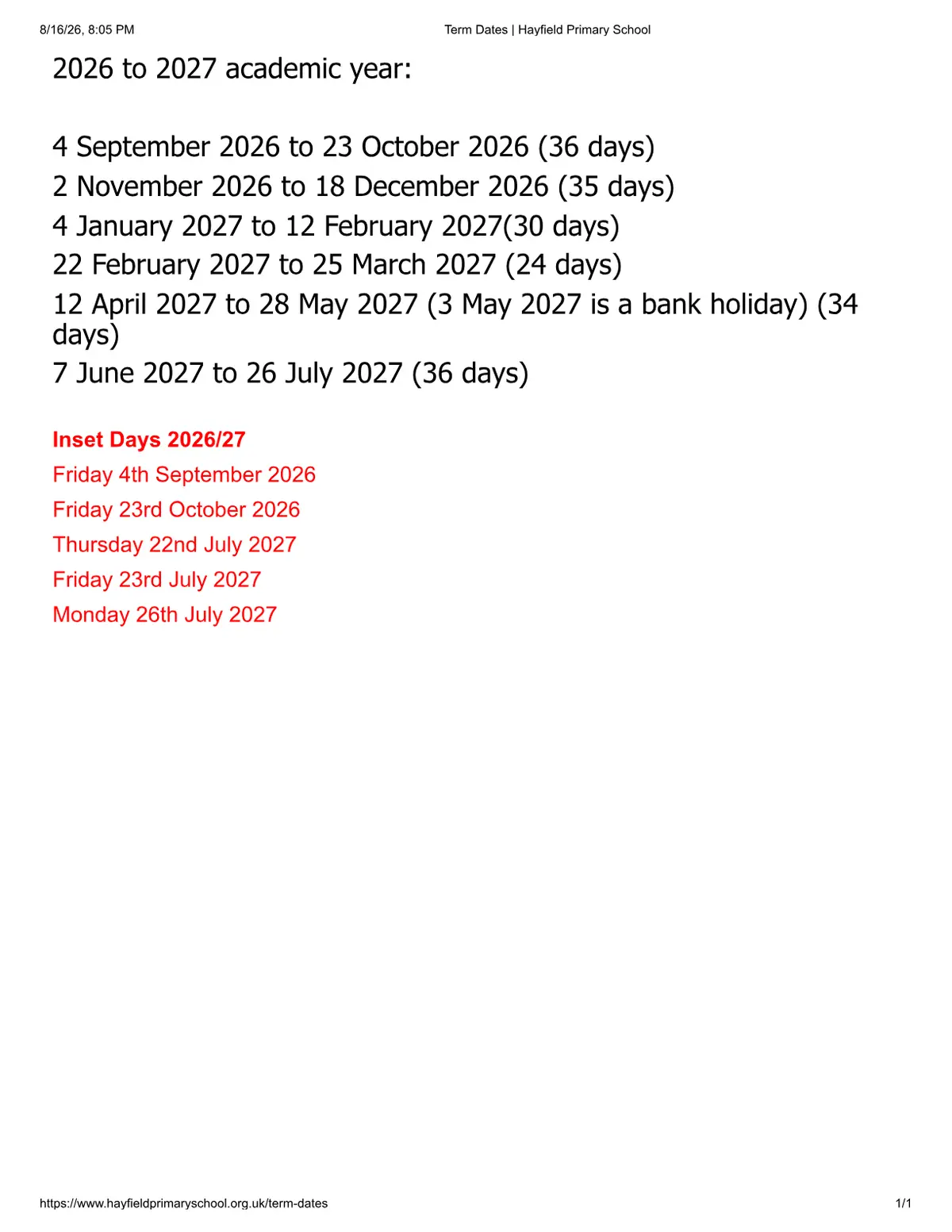 Hayfield Primary School original calendar 2026–2027