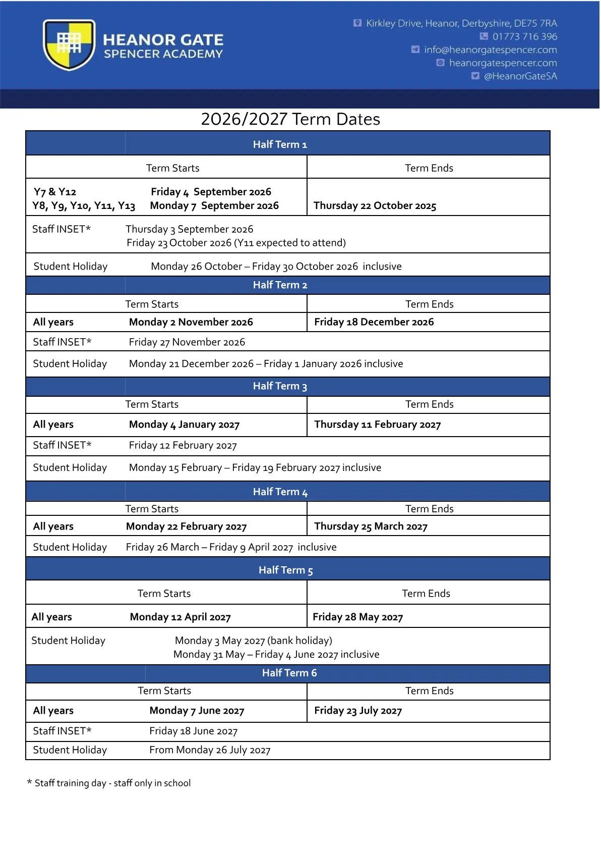 Heanor Gate Spencer Academy term dates