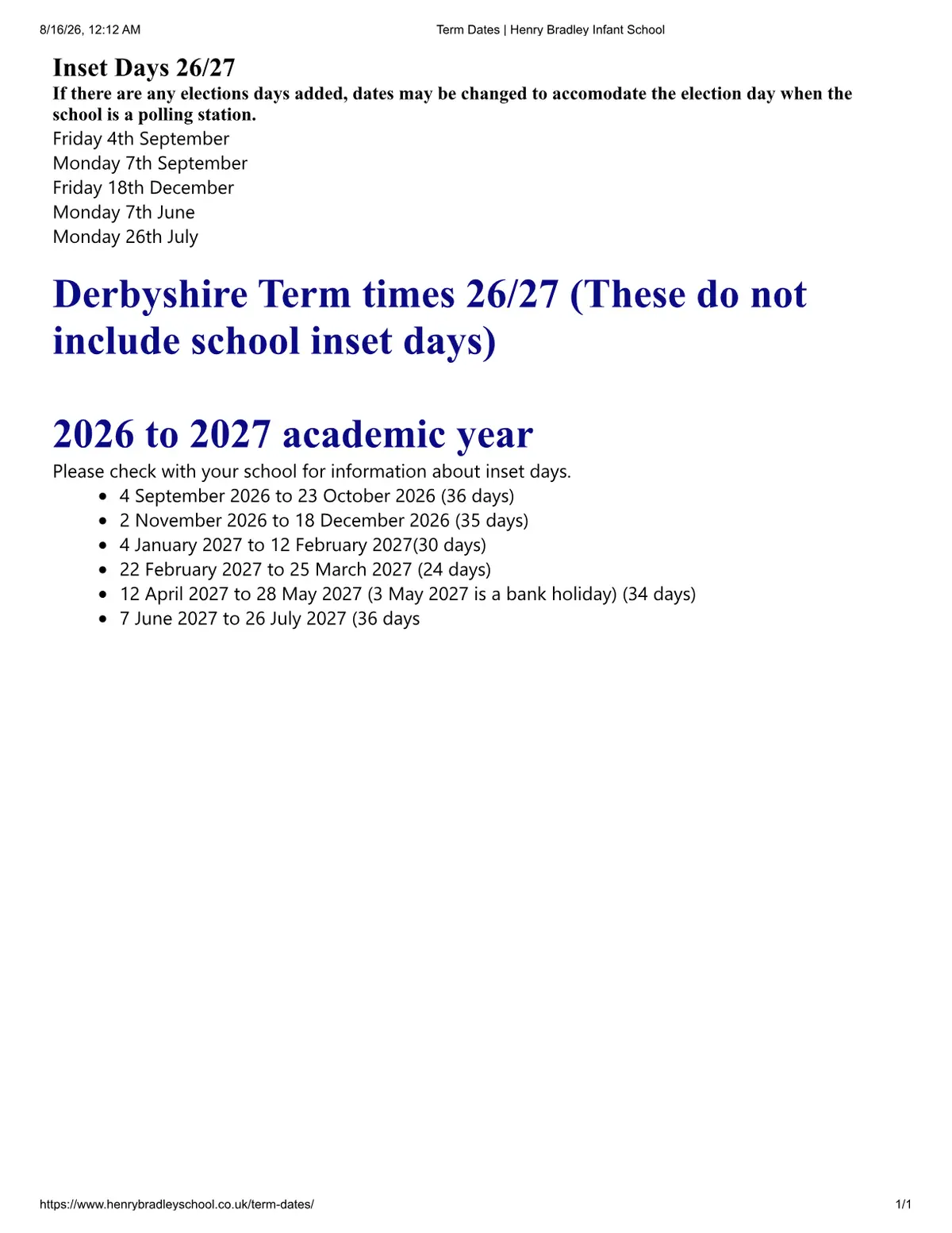 Henry Bradley Infant School original calendar 2026–2027