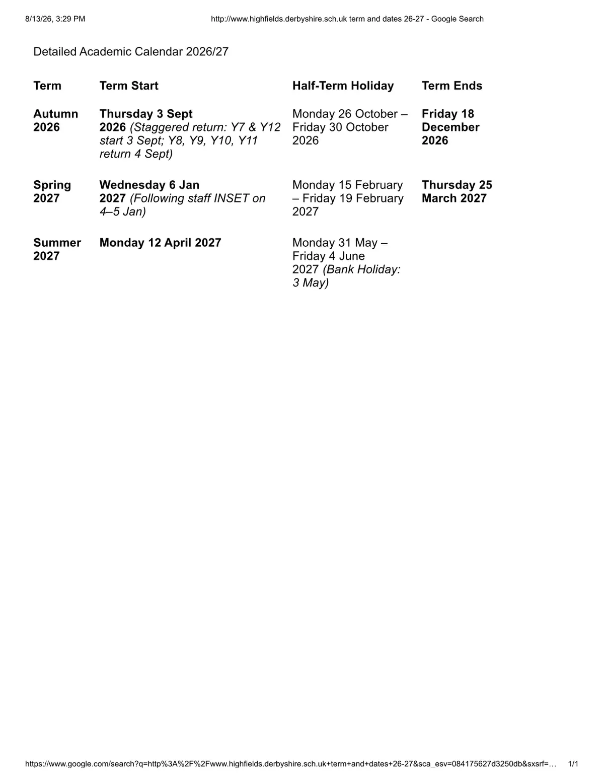 Highfields School term dates