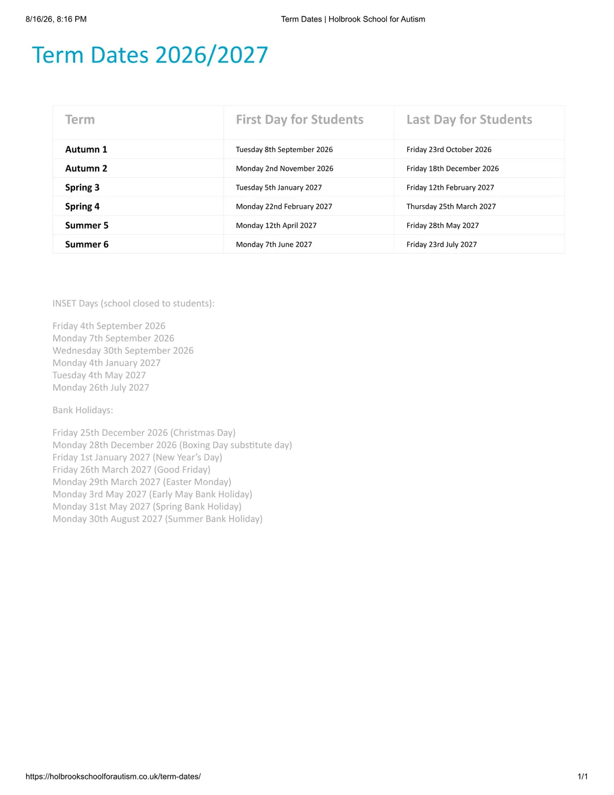 Holbrook School for Autism original calendar 2026–2027