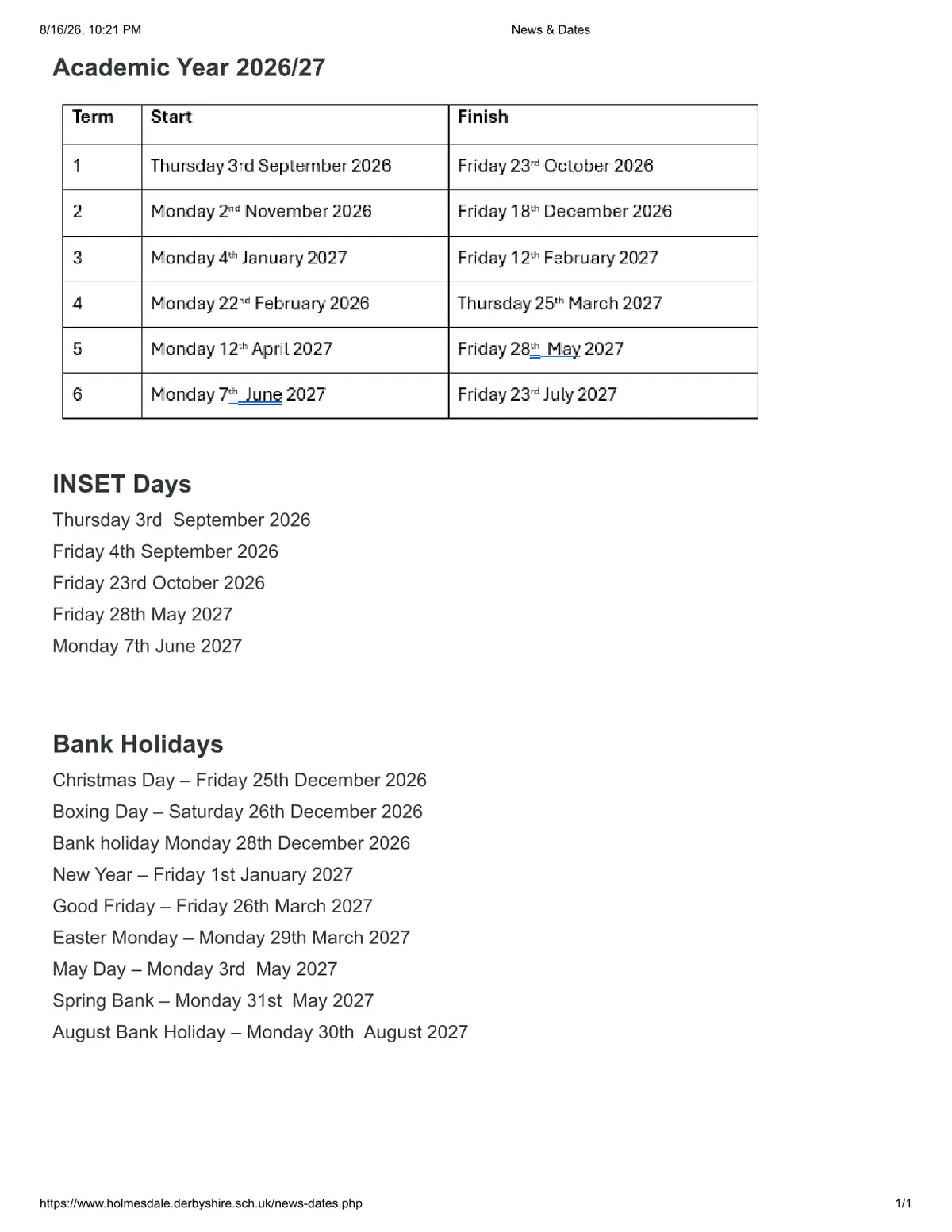 Holmesdale Infant School original calendar 2026–2027