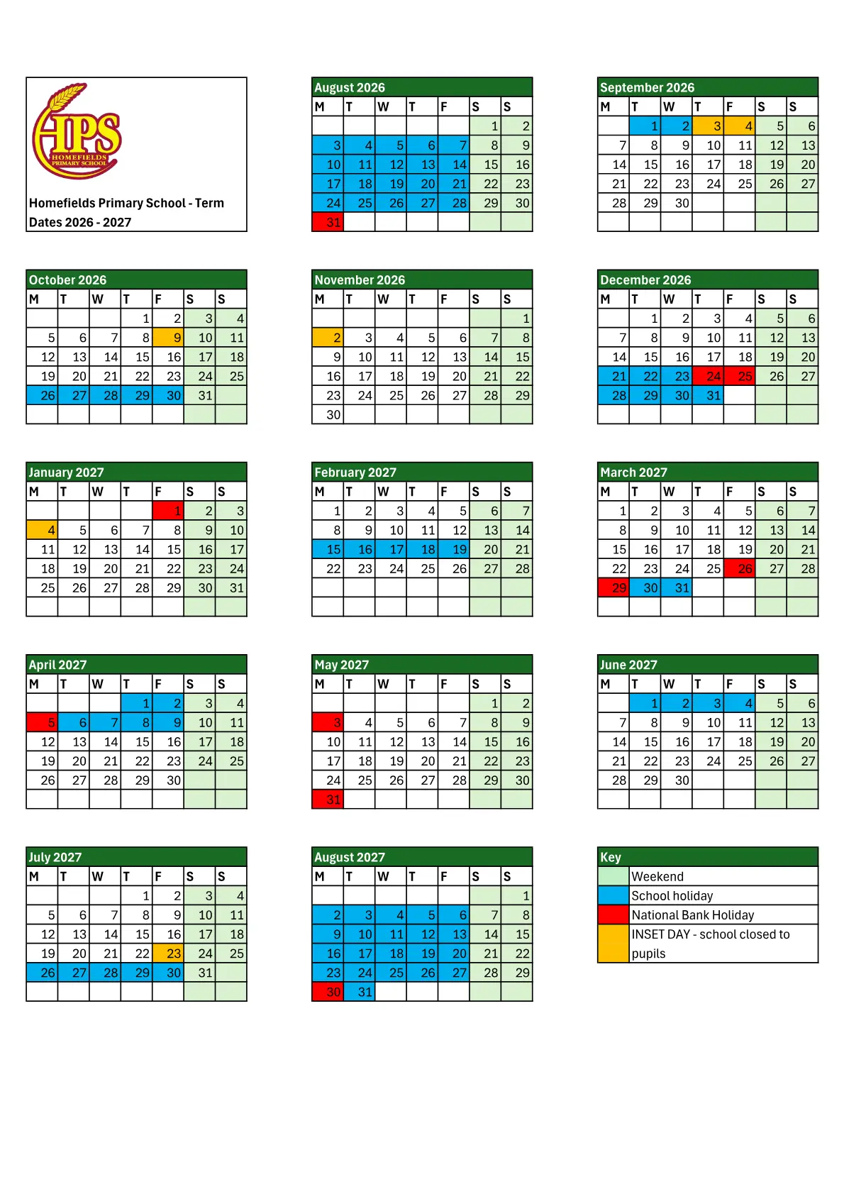 Homefields Primary School term dates