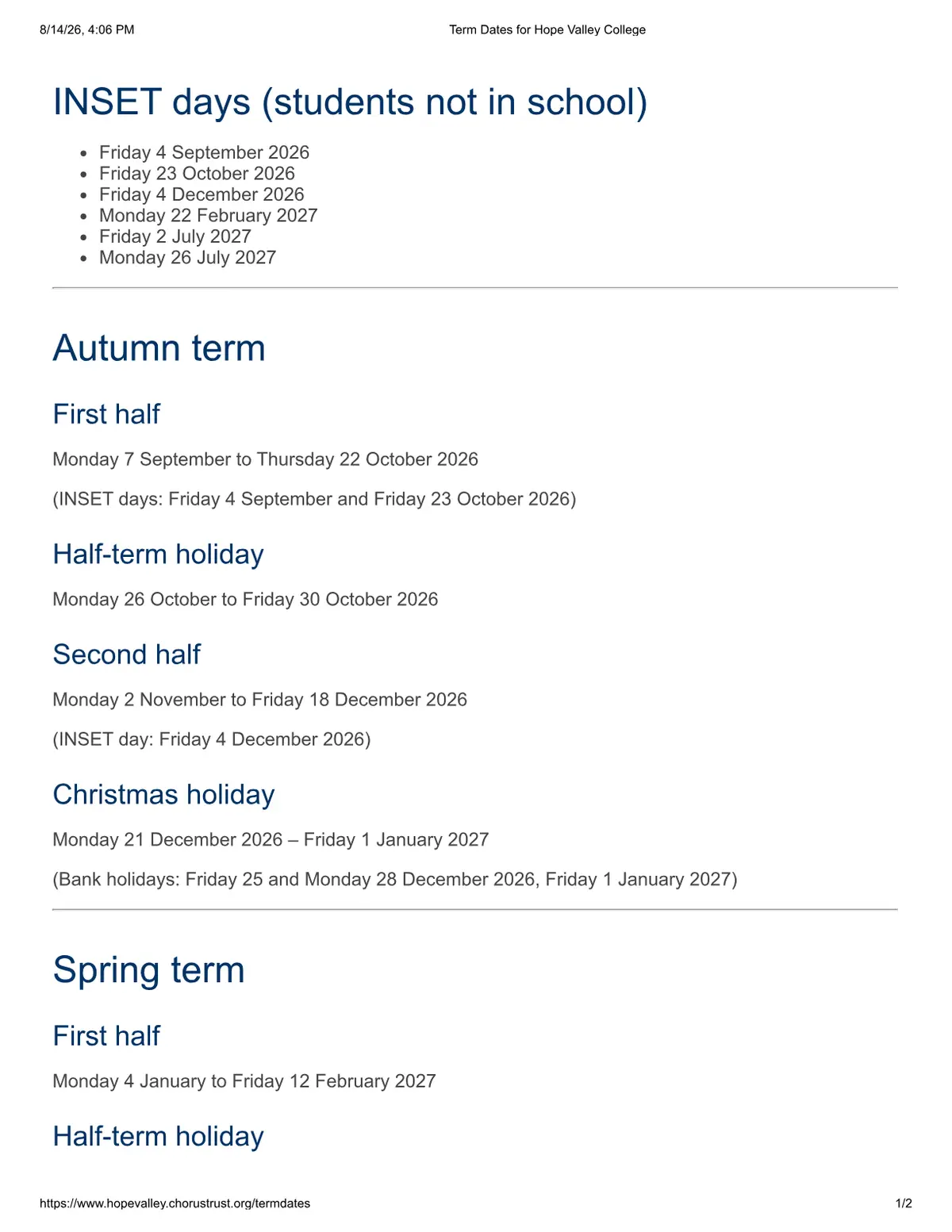 Hope Valley College term dates