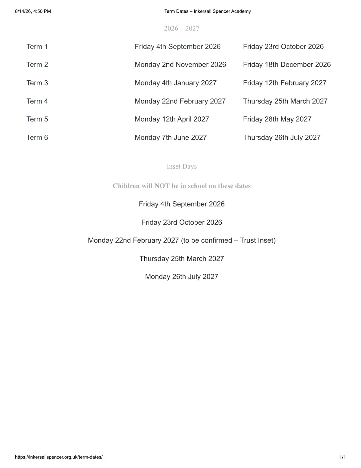 Inkersall Spencer Academy term dates