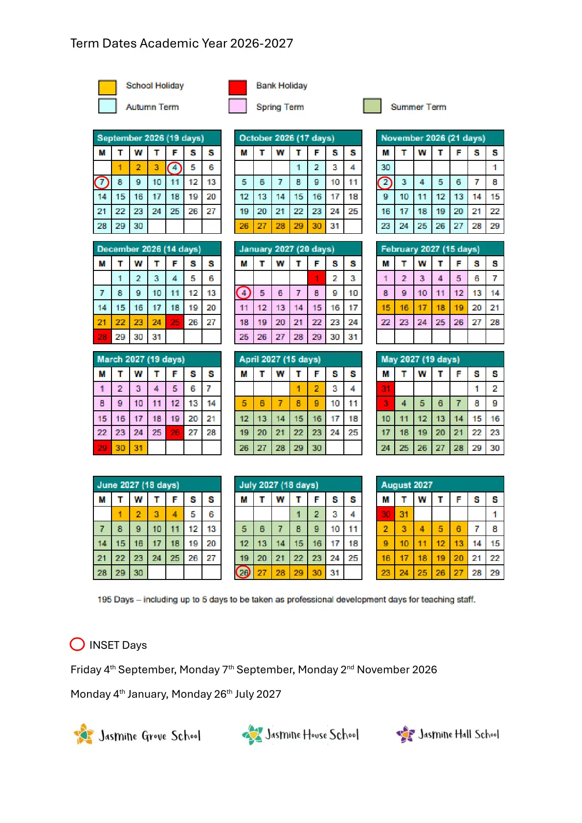 Jasmine Hall School term dates