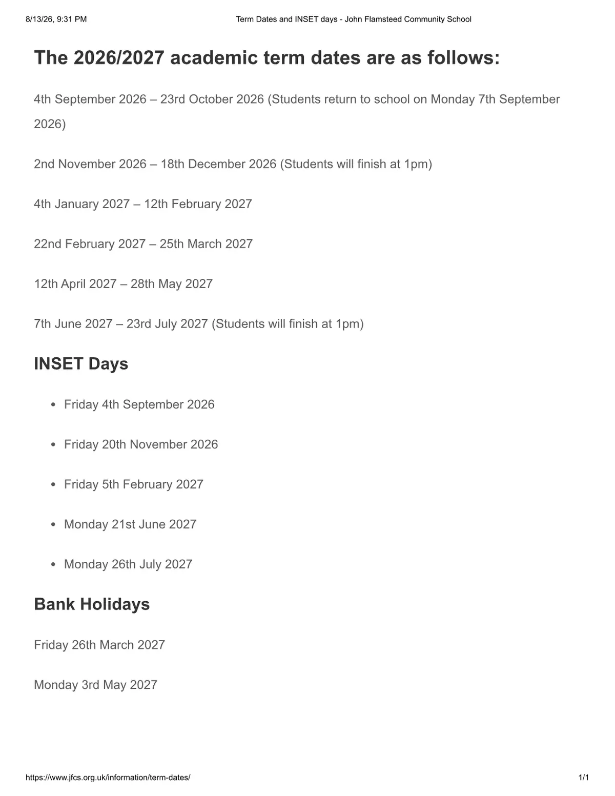 John Flamsteed Community School term dates