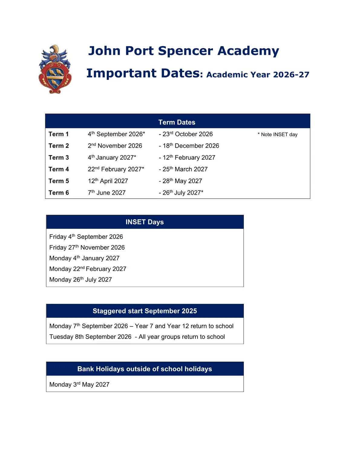 John Port Spencer Academy term dates