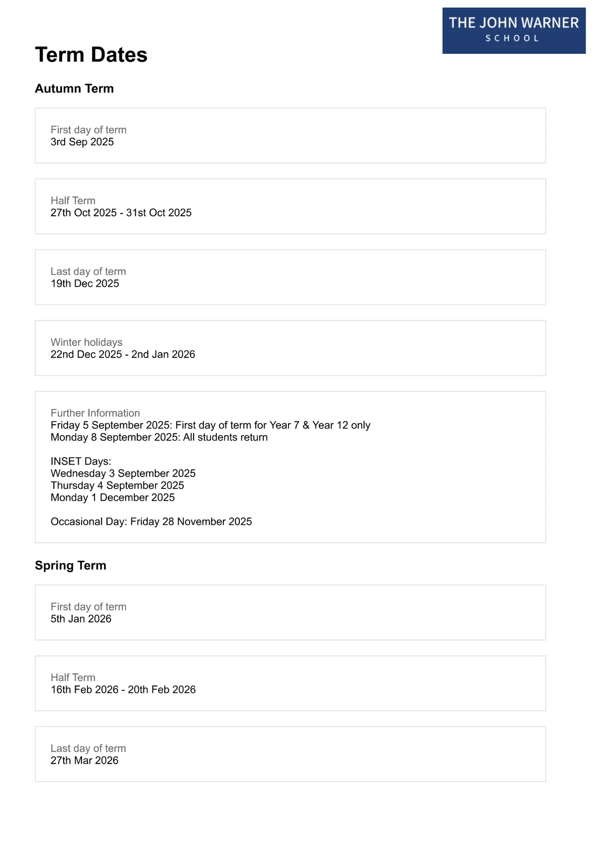 The John Warner School term dates