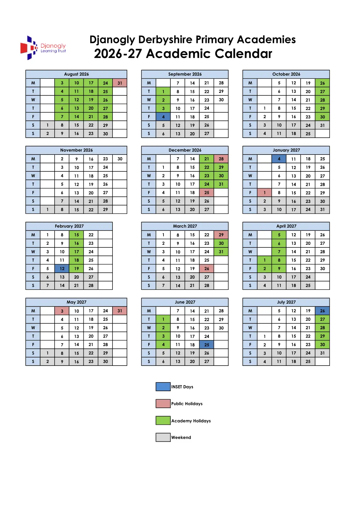 Kensington Junior Academy original calendar 2026–2027