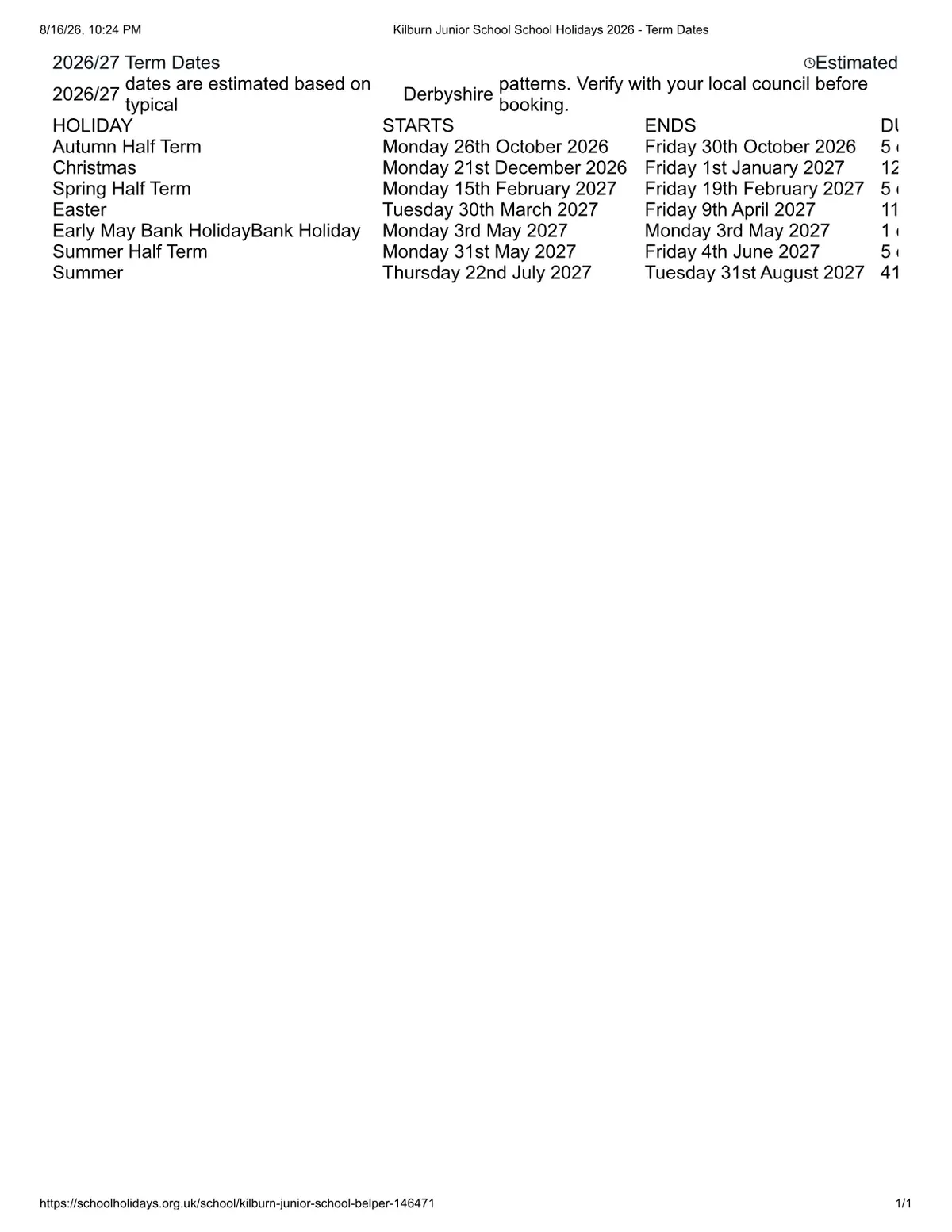 Kilburn Junior School original calendar 2026–2027