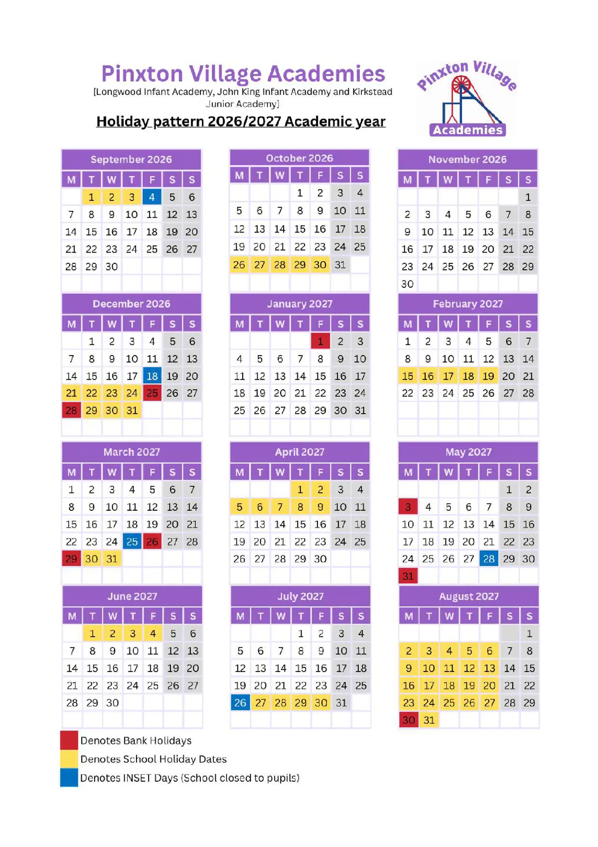 Kirkstead Junior Academy original calendar 2026–2027