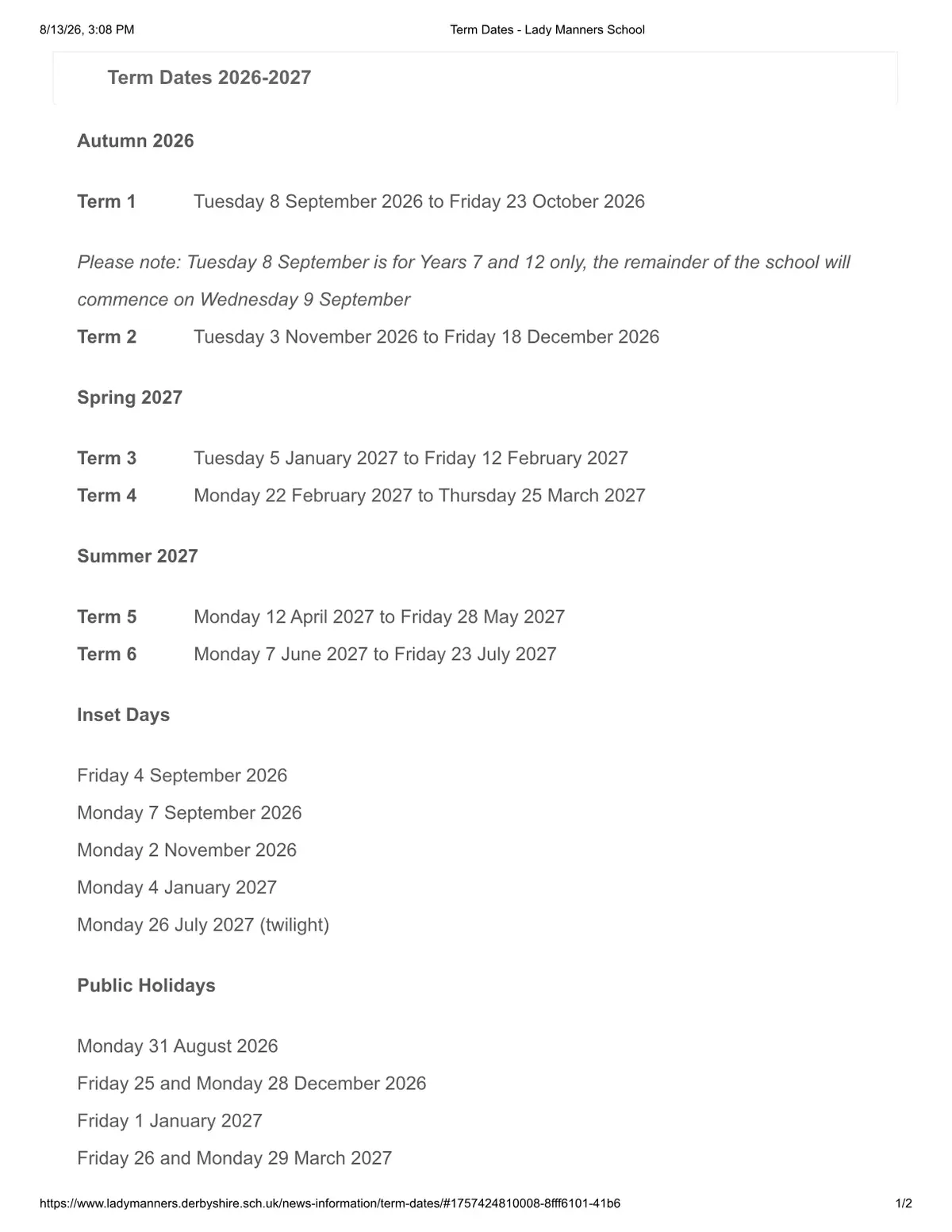 Lady Manners School term dates